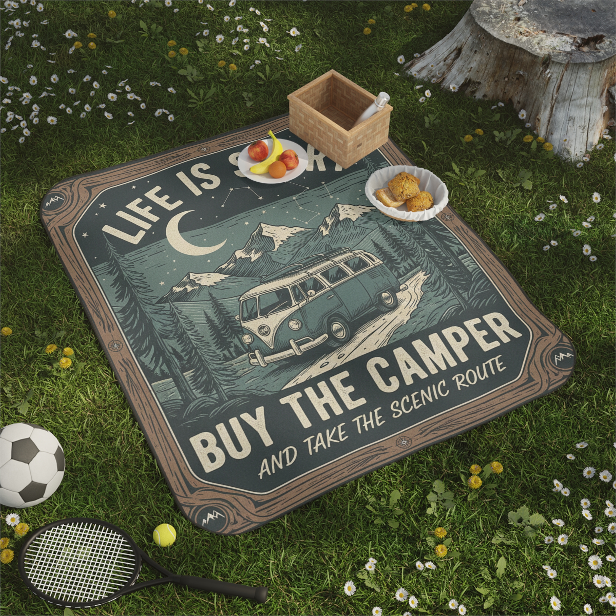 Picnic Blanket — "Life Is Short, Buy The Camper" Vintage Camper Outdoor Blanket