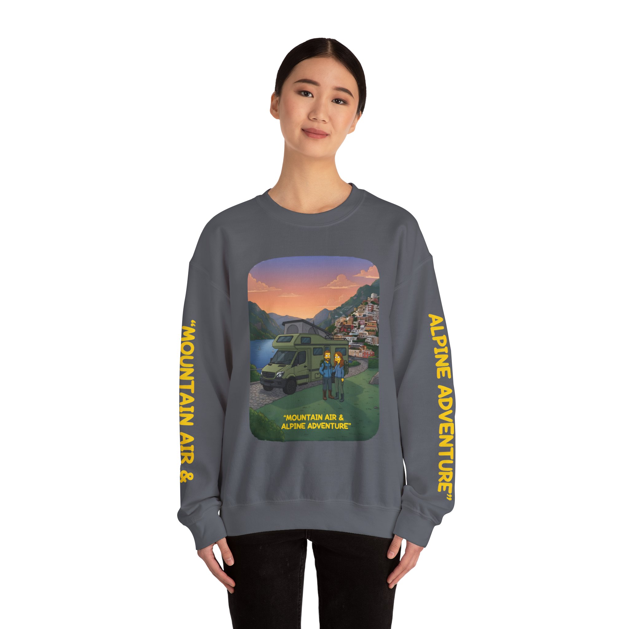 Unisex Heavy Blend™ Crewneck Sweatshirt — "Mountain Air And Alpine Adventure"" Design Sitcom-Line