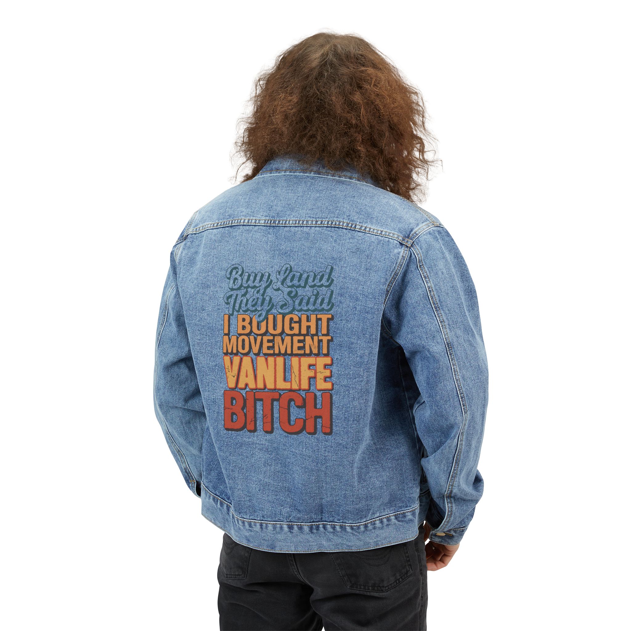 Men's Denim Jacket — "Buy Land They Said" Design F**K-Line