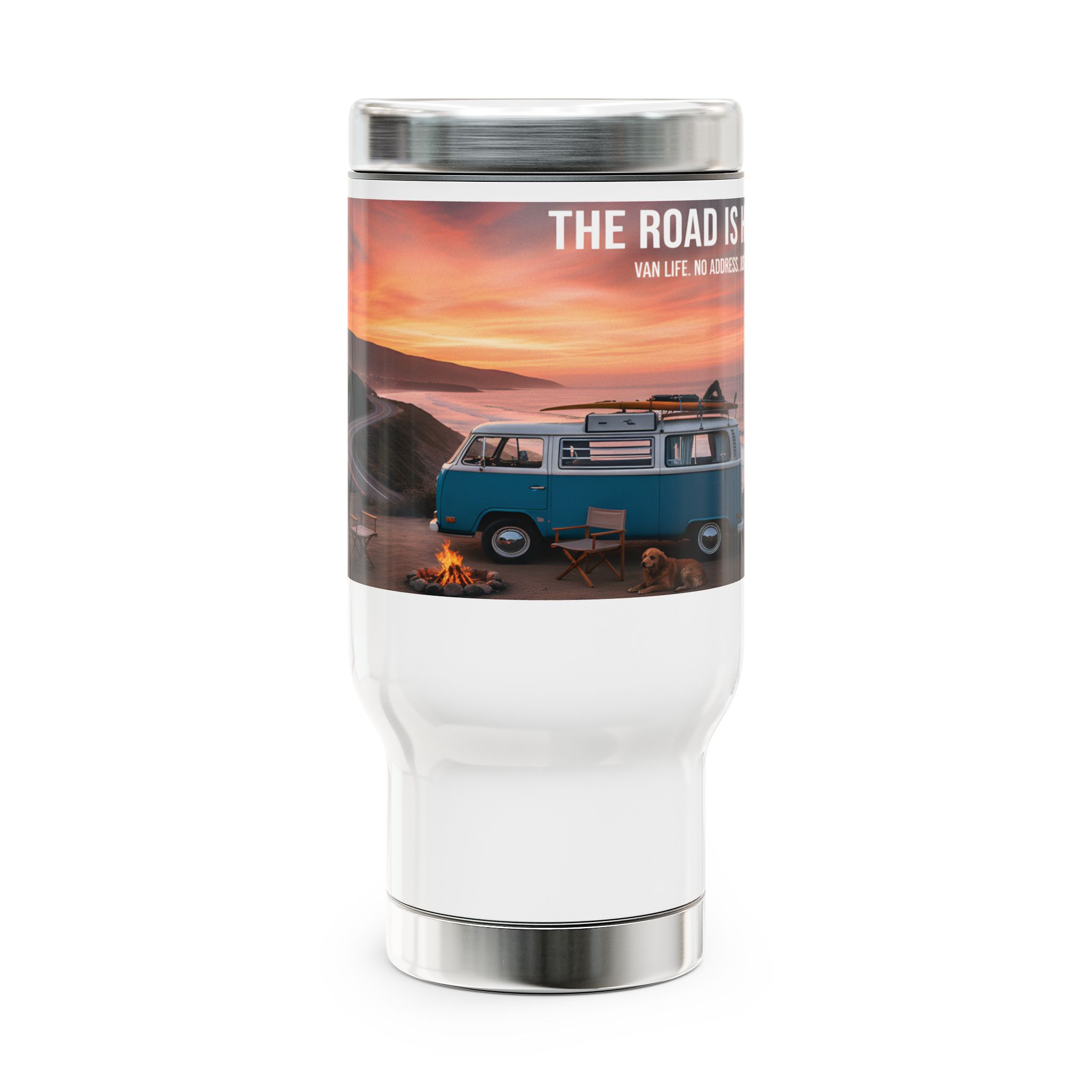 Stainless Steel Travel Mug with Handle, 14oz — "The Road is Life"