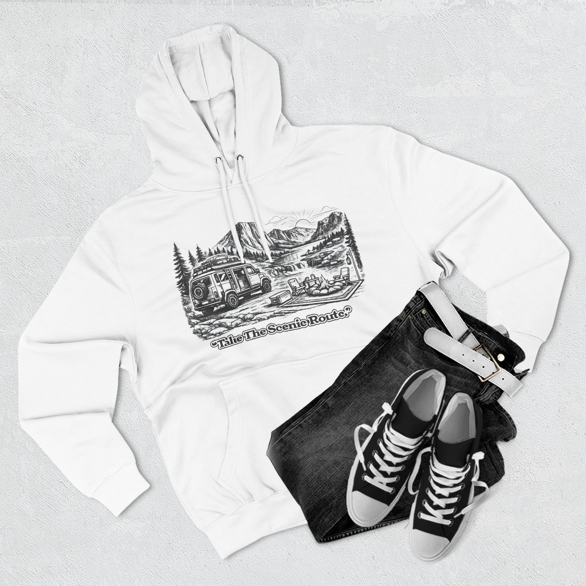18344939512290345204_2048.jpeg Three-Panel Fleece Hoodie - "Take The Scenic Route" Design Minimal-Line