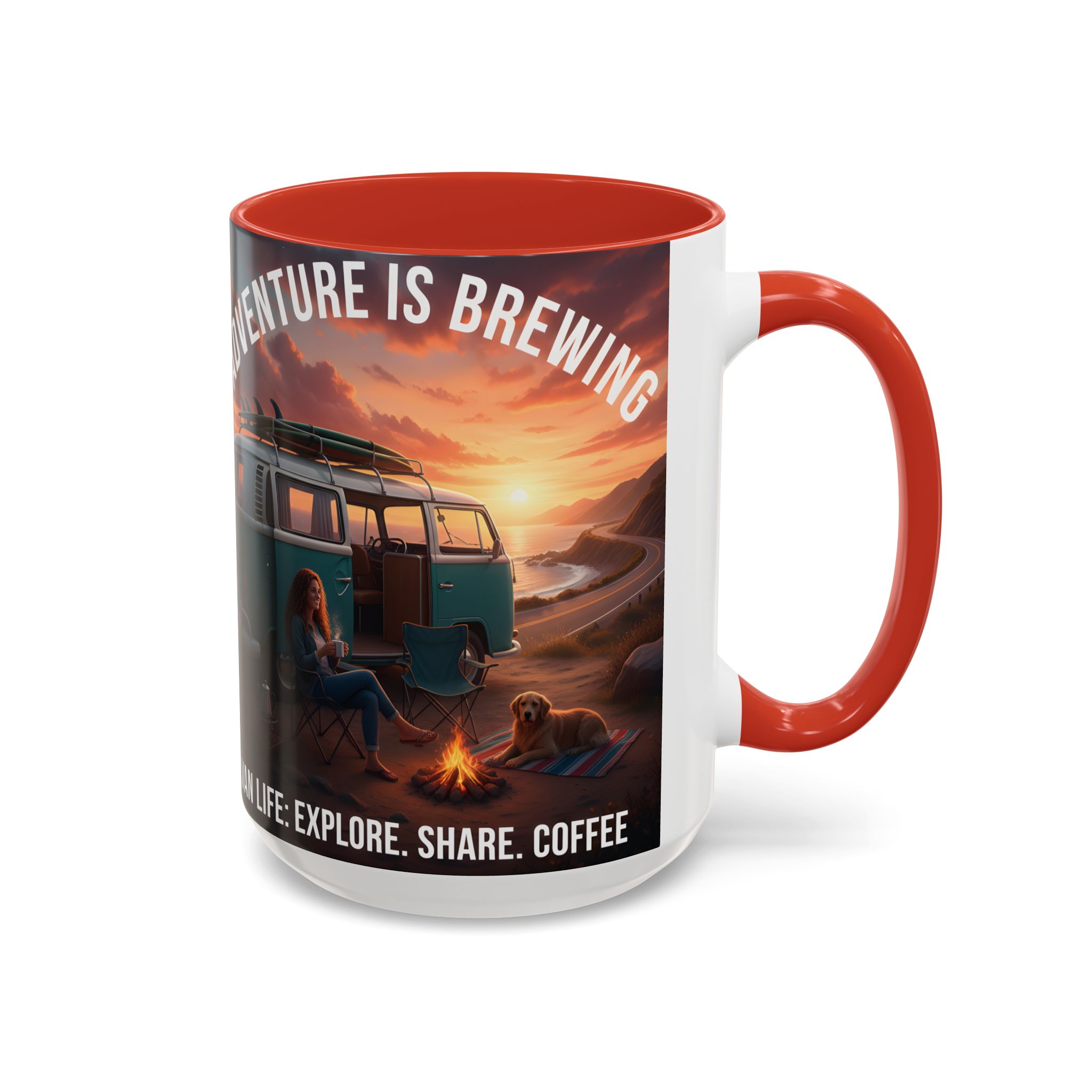 Accent Coffee Mug (11, 15oz) — "Adventure is brewing"