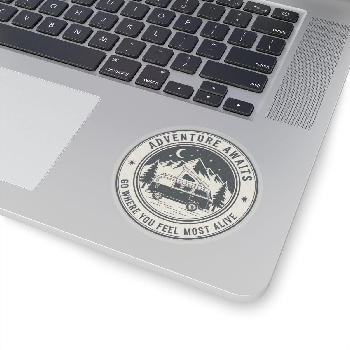 18352811249919213320_1200.jpeg Round Sticker — "Adventure Awaits-Go Where You Feel Most Alive" Camper Van Decal