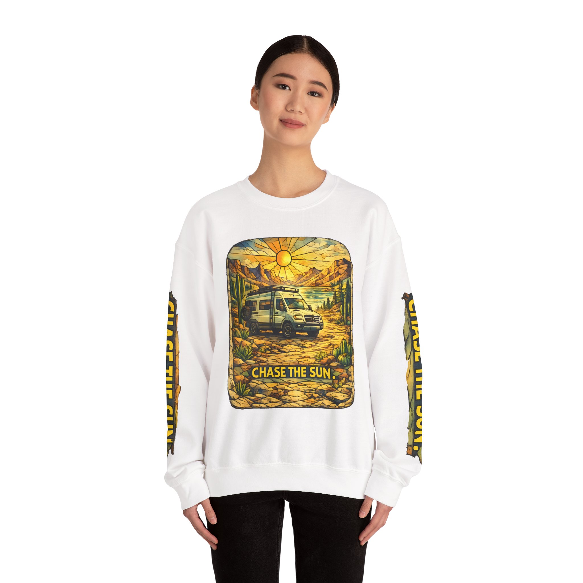 Unisex Heavy Blend™ Crewneck Sweatshirt — "Chase The Sun" Design Cubic-Line