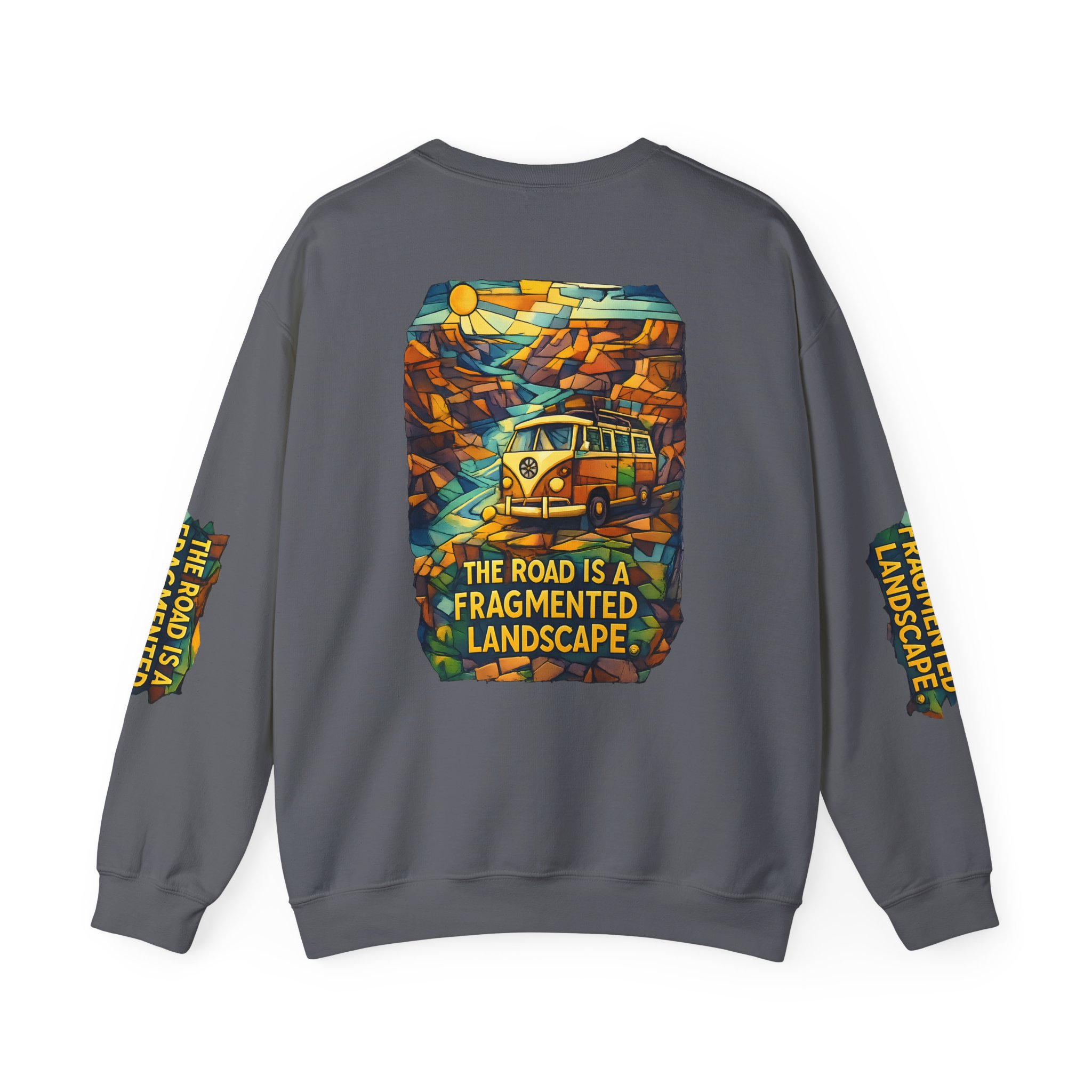 Unisex Heavy Blend™ Crewneck Sweatshirt — "The Road Is A Fragmented Landscape" Design Cubic-Line