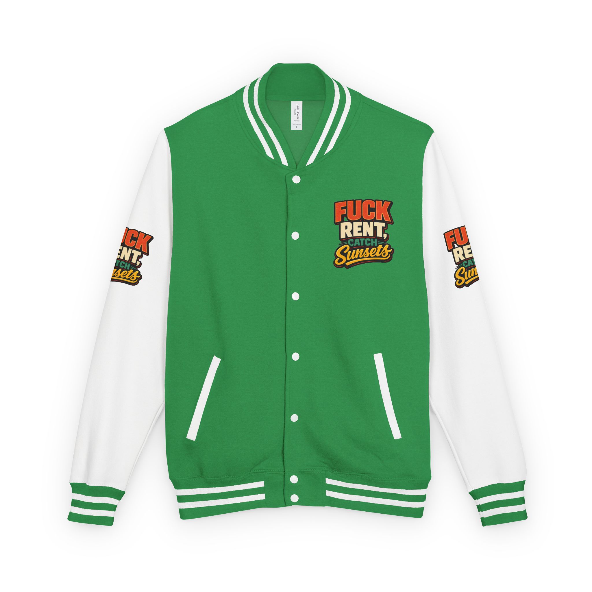 1841038475344999518_2048-2.jpeg Unisex Heavyweight Letterman Jacket — "Fuck Rent Catch Sunsets" Design F**K-Line