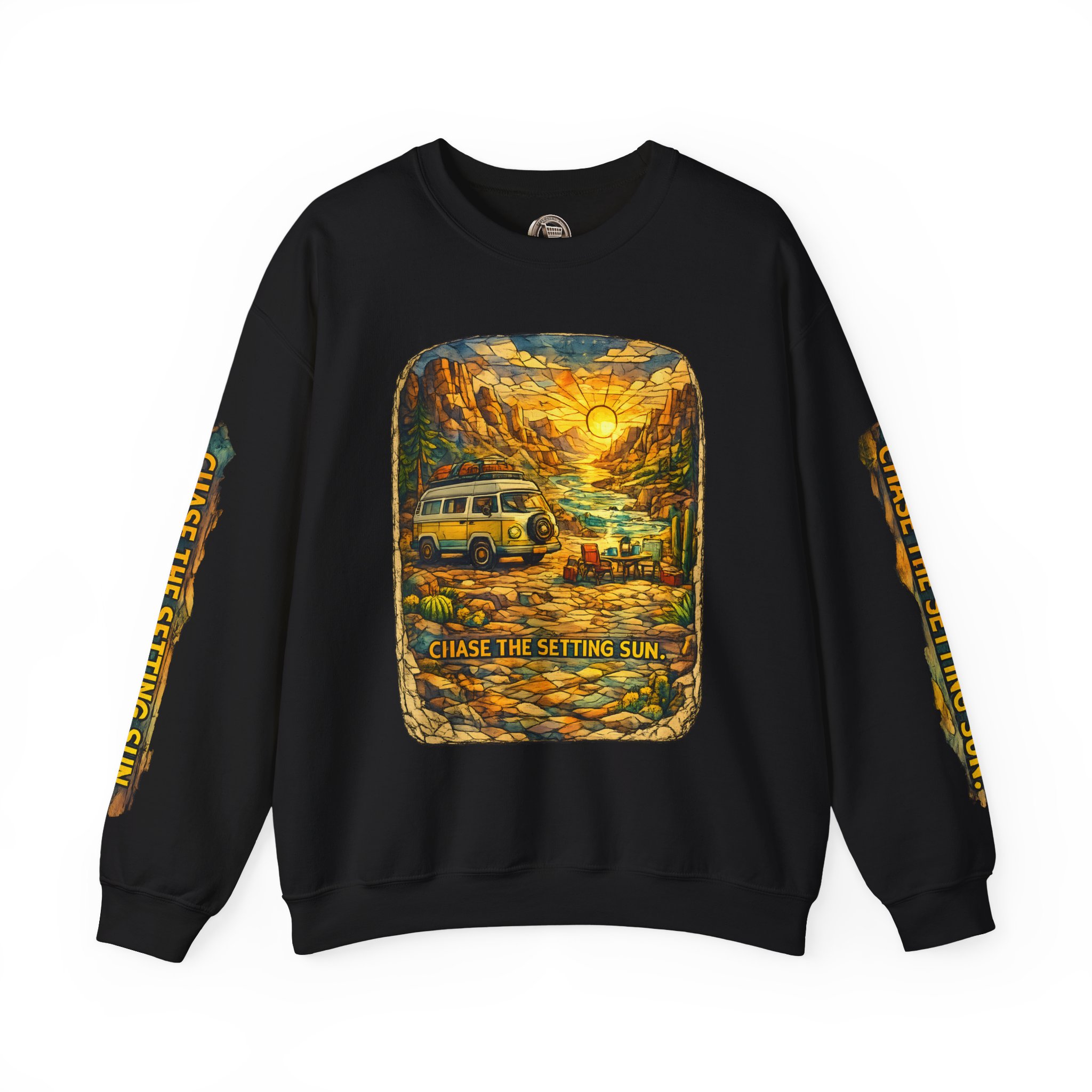 Unisex Heavy Blend™ Crewneck Sweatshirt — "Chase The Settings Sun" Design Cubic-Line