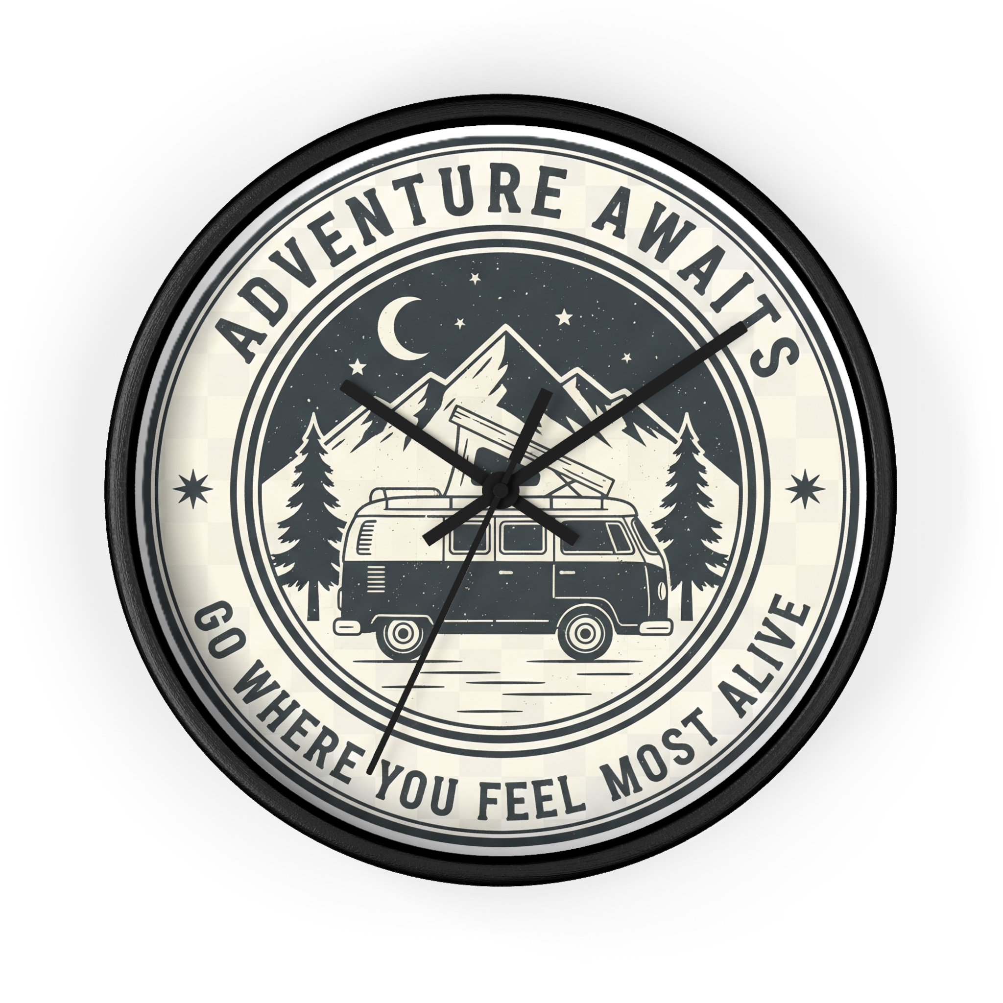 1842046231846841551_2048.jpeg Wall Clock — "Adventure Awaits-Go Where You Feel Most Alive" Camper Van Mountain Travel Timepiece