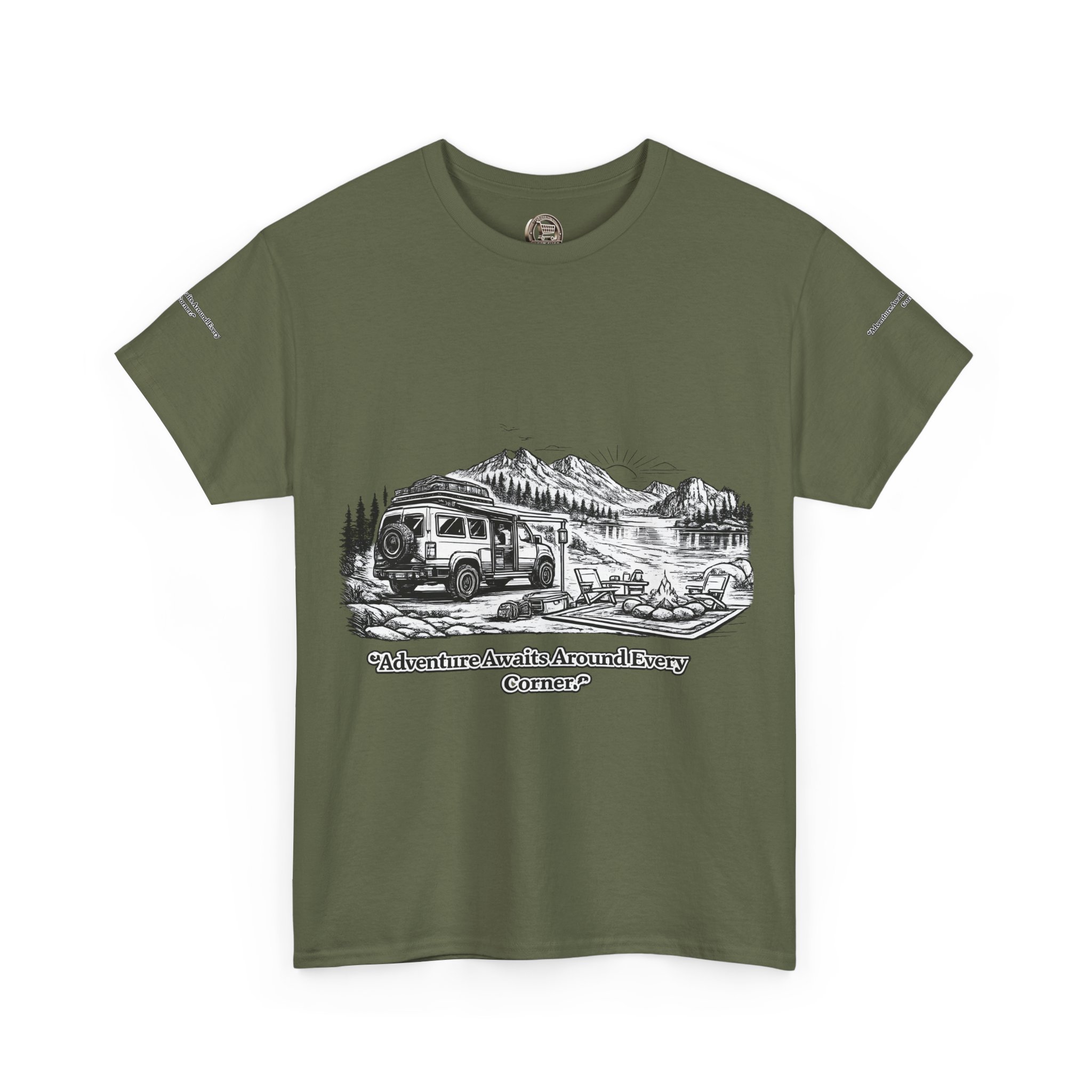Unisex Heavy Cotton Tee — "Adventure Awaits Around Every Corner" Design Minimal-Line