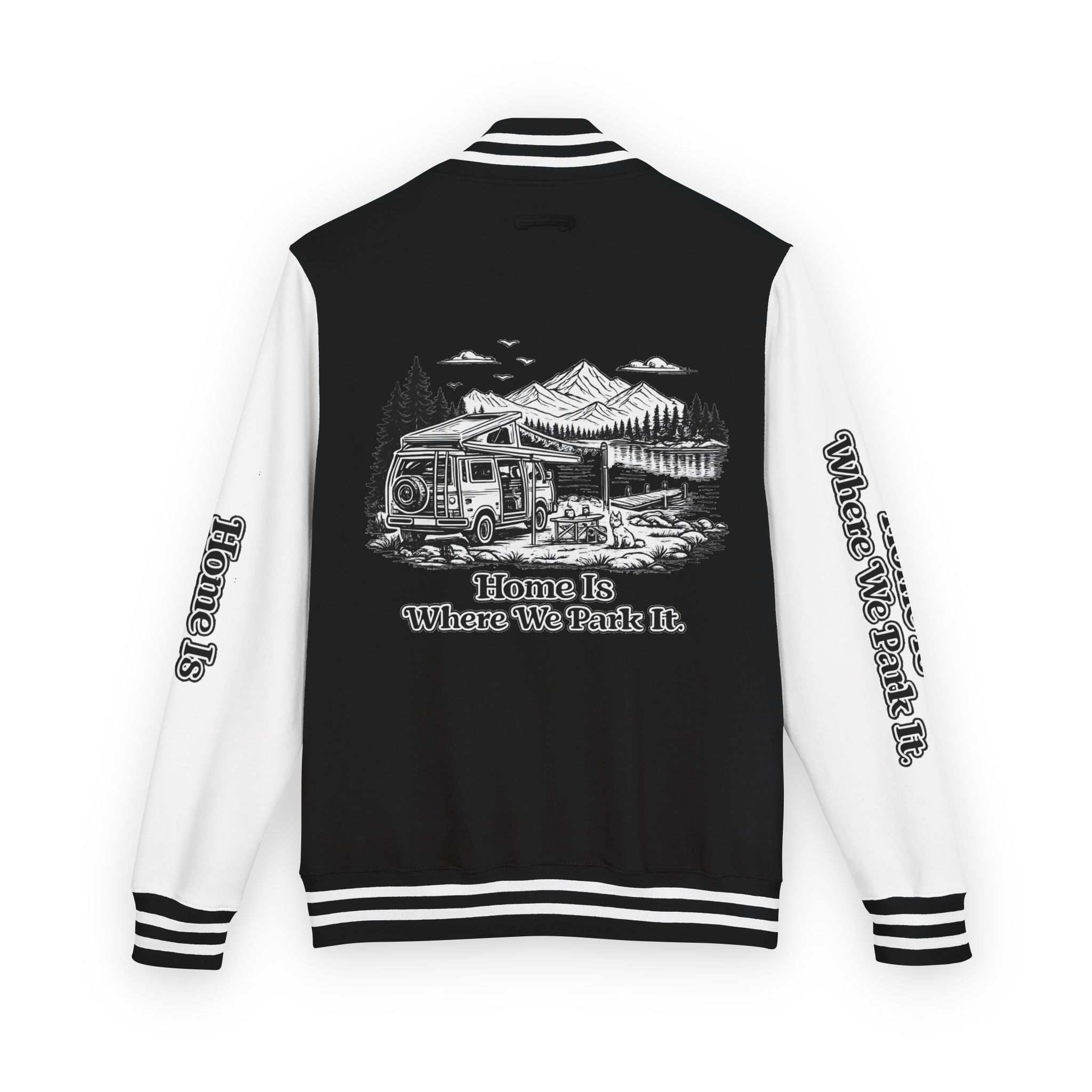 Unisex Heavyweight Letterman Jacket — "Home Is Where You Park It" Travel Varsity Coat