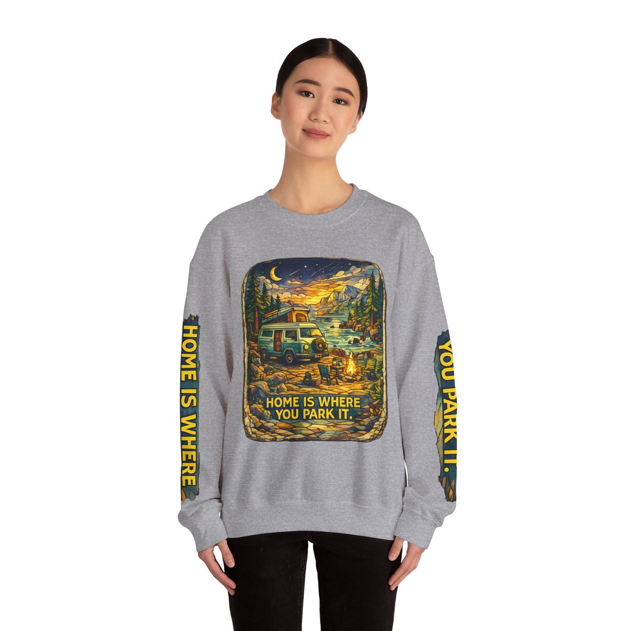 Unisex Heavy Blend™ Crewneck Sweatshirt — "Home Is Where You Park It" Design Cubic-Line