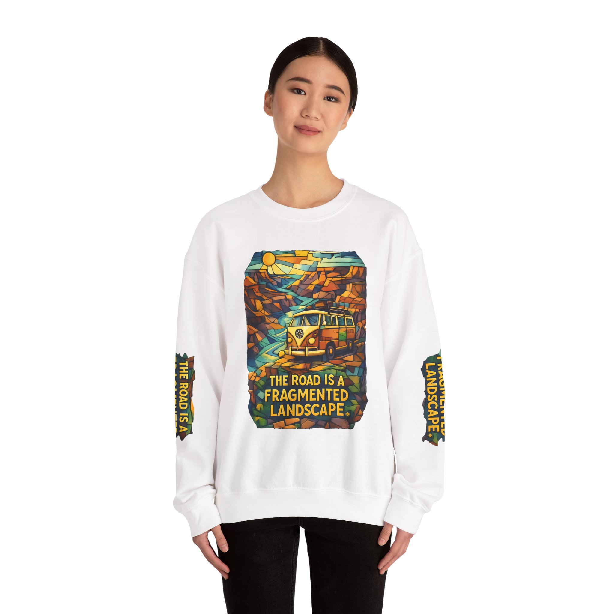 Unisex Heavy Blend™ Crewneck Sweatshirt — "The Road Is A Fragmented Landscape" Design Cubic-Line