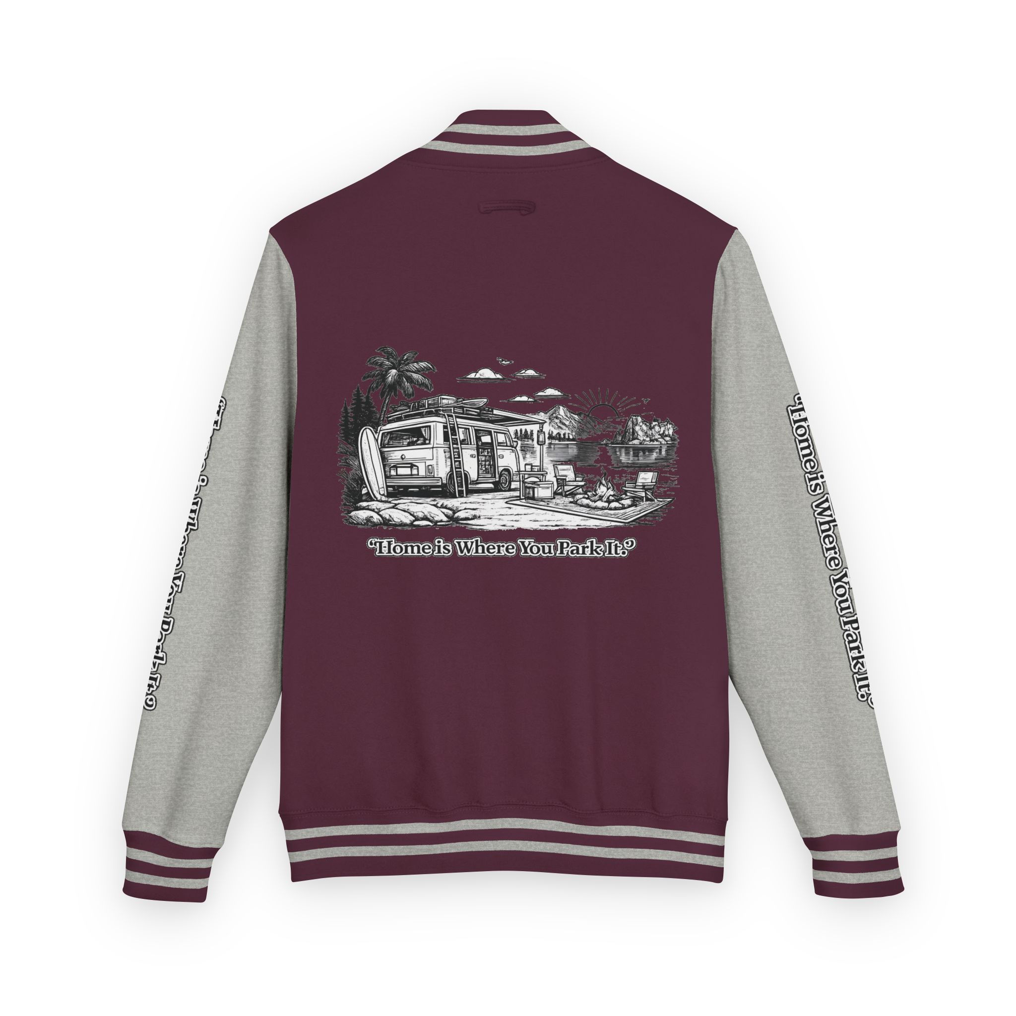 18432961561458424770_2048-1.jpeg Unisex Heavyweight Letterman Jacket — "Home Is Where You Park It" Travel Varsity Coat