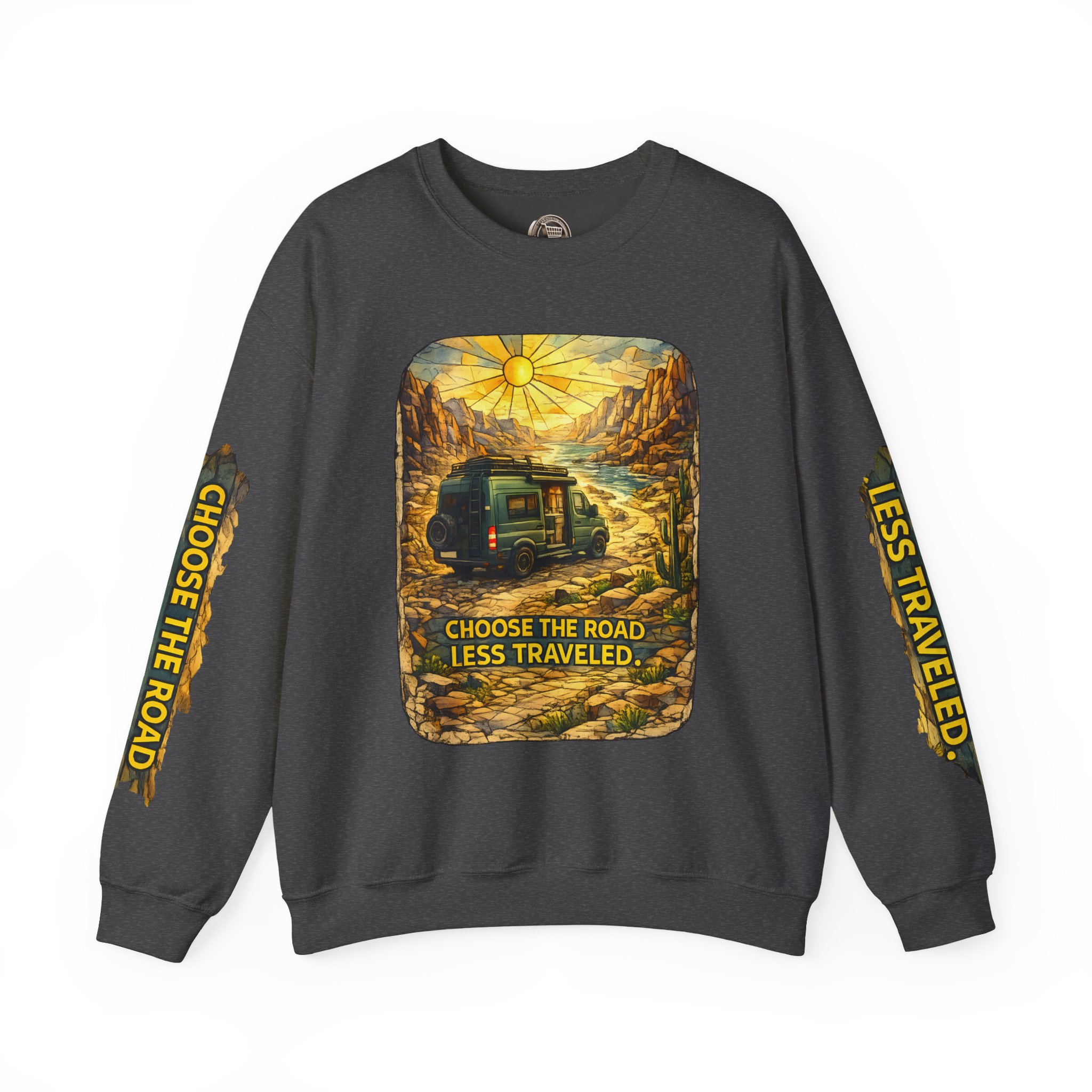 Unisex Heavy Blend™ Crewneck Sweatshirt — "Choose The Road Less Traveled" Design Cubic-Line