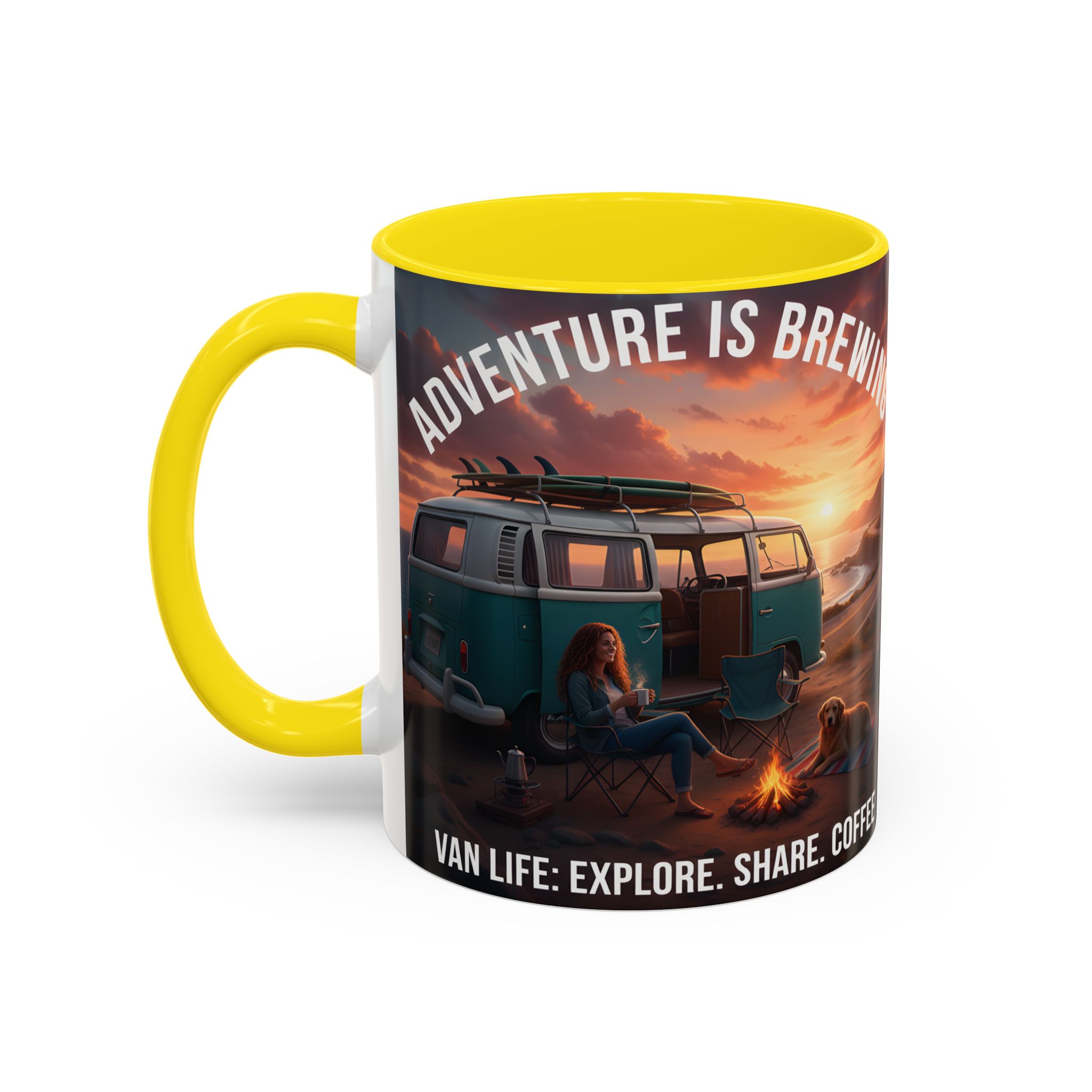 Accent Coffee Mug (11, 15oz) — "Adventure is brewing"