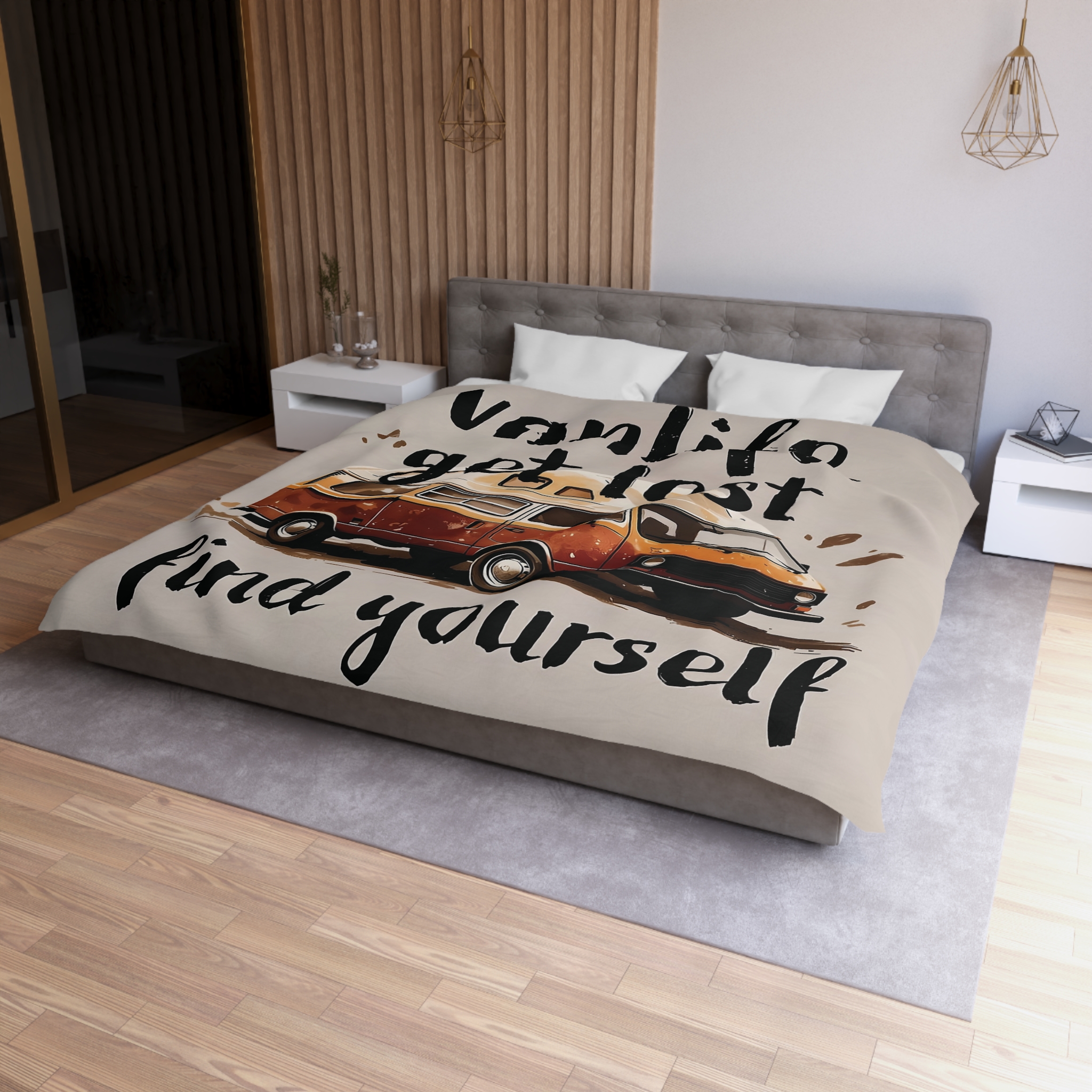 Duvet Cover – “Vanlife Get Lost Find Yourself” Retro Camper Bedding