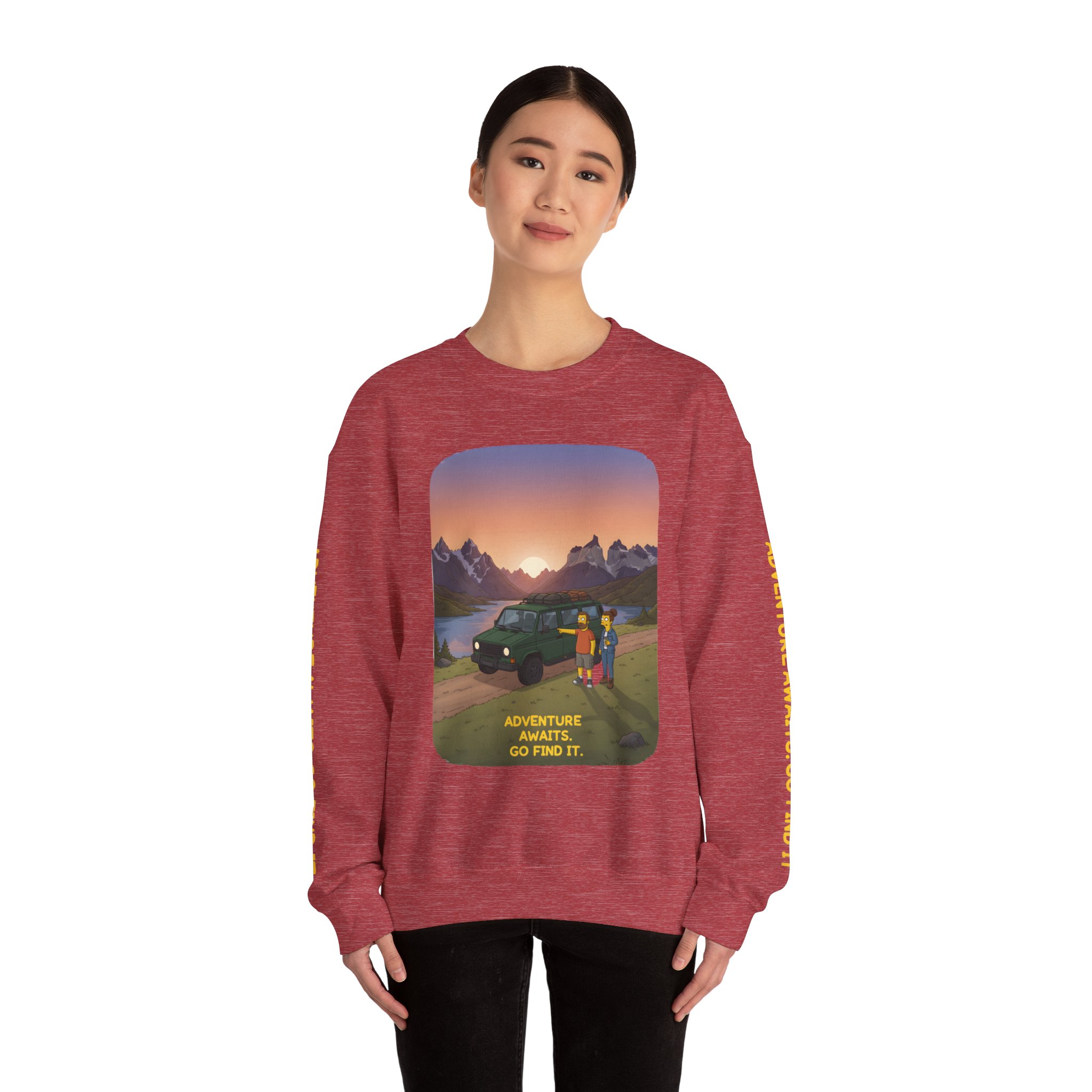 Unisex Heavy Blend™ Crewneck Sweatshirt — "Adventure Awaits-Go Find It" Design Sitcom-Line