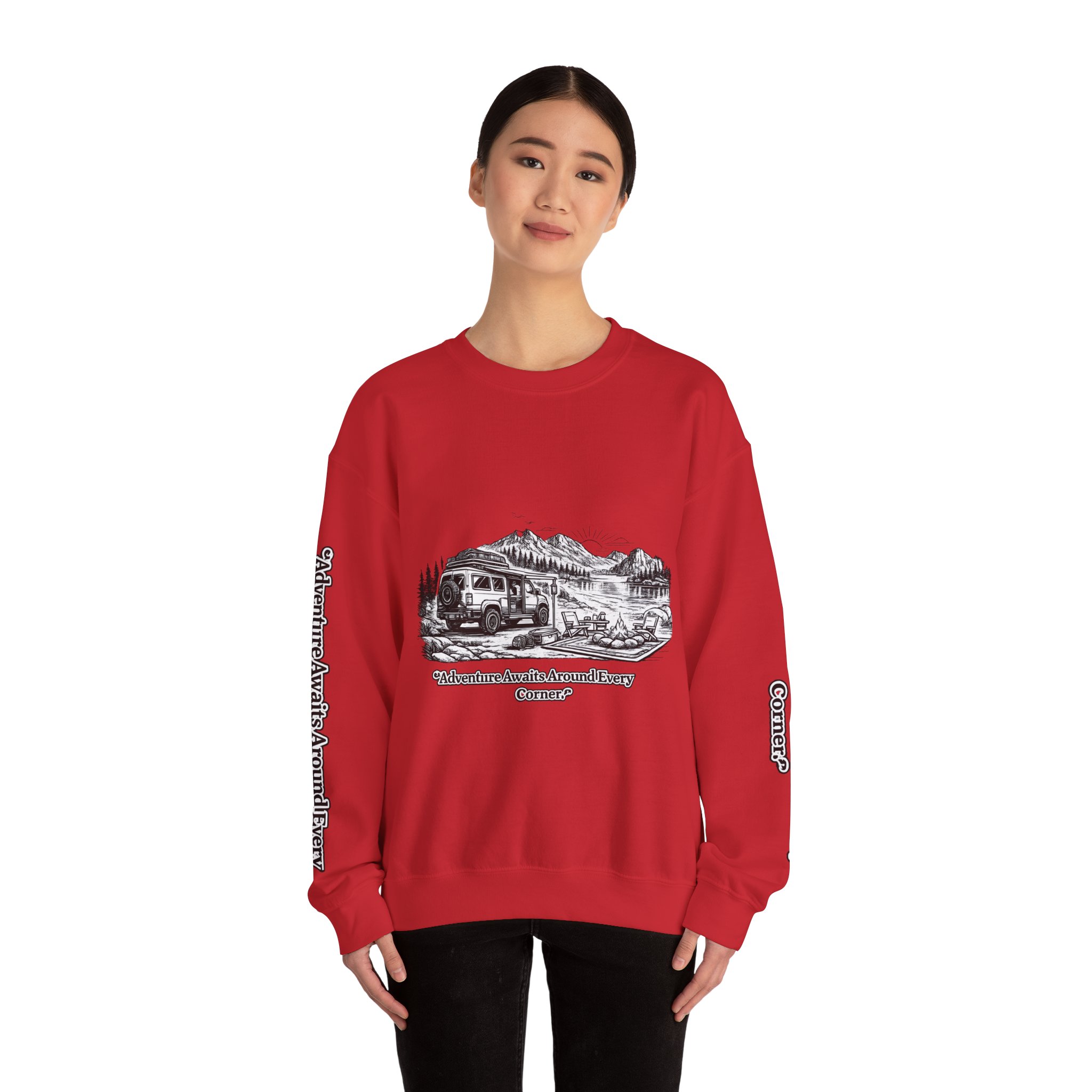 1877338145913485260_2048.jpeg Unisex Heavy Blend™ Crewneck Sweatshirt — "Adventure Awaits Around Every Corner" Design Minimal-Line