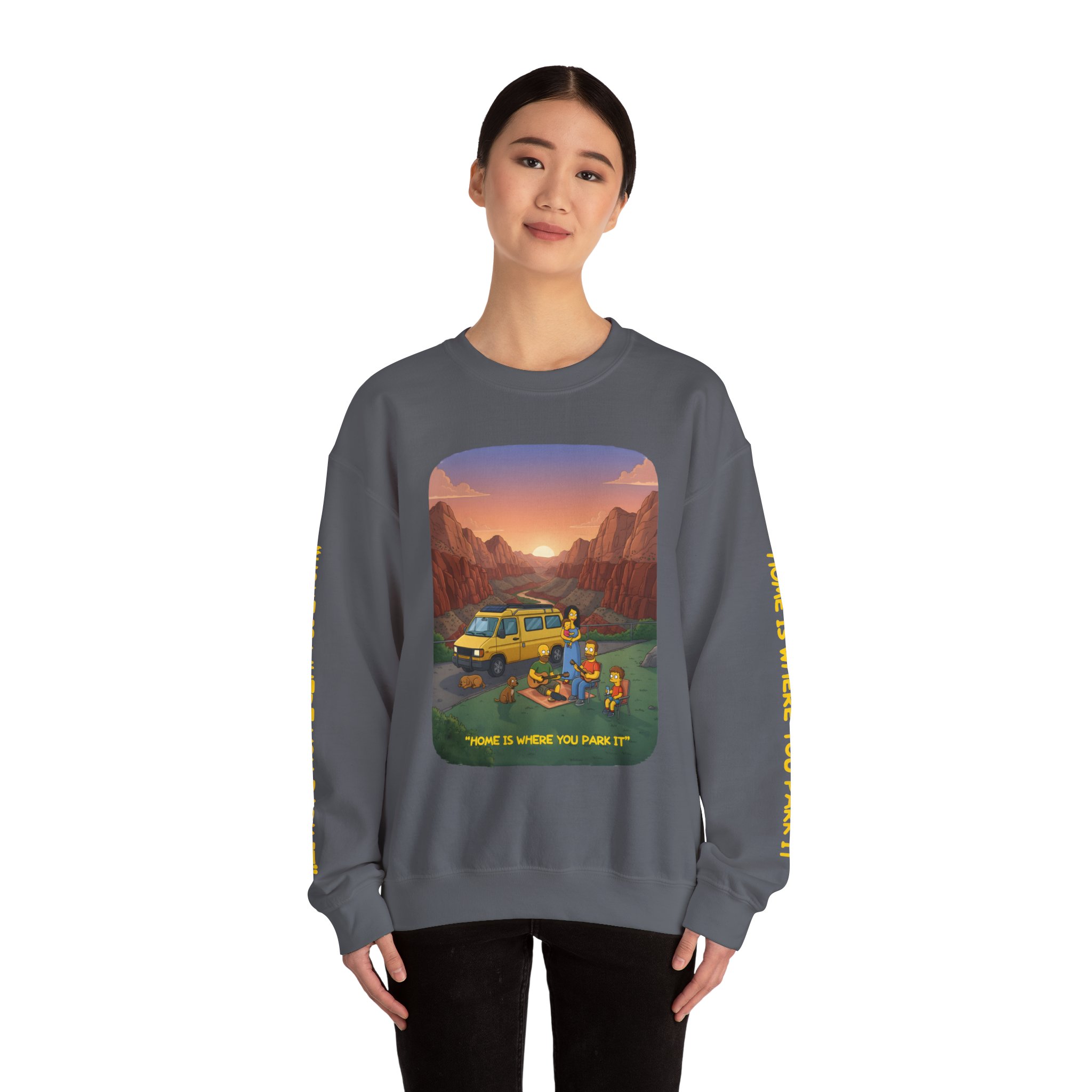 Unisex Heavy Blend™ Crewneck Sweatshirt — "Home Is Where You Park It" Design Sitcom-Line