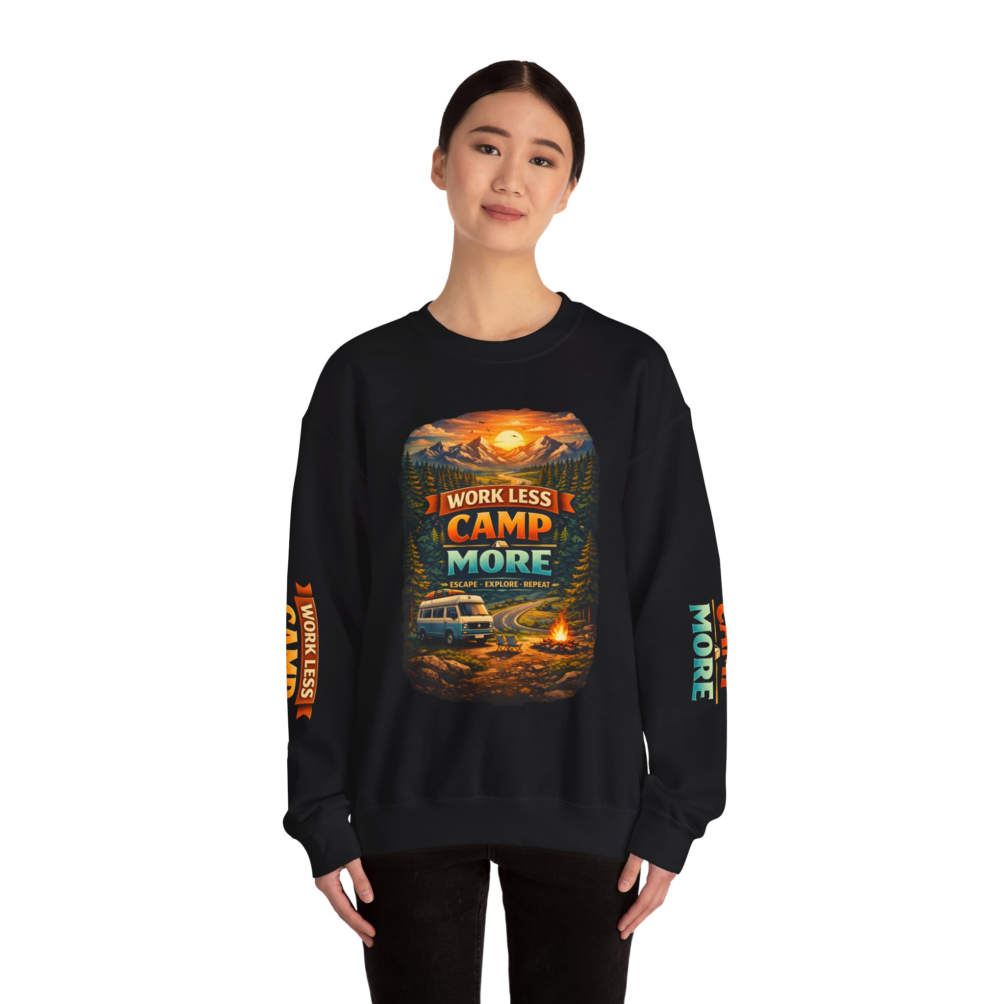 Unisex Heavy Blend™ Crewneck Sweatshirt — "Work Less-Camp More" Design Scenic-Line