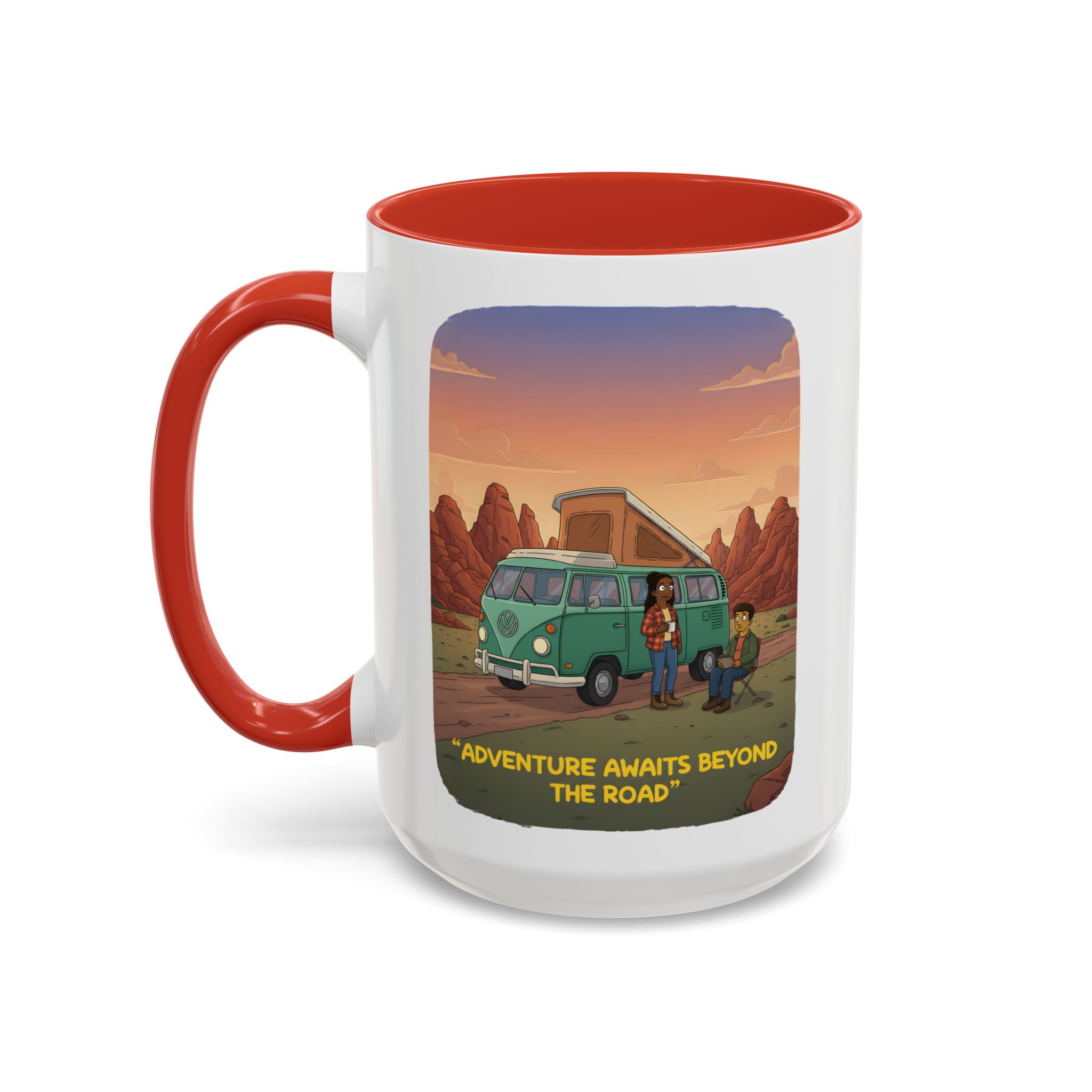 Accent Coffee Mug (11, 15oz) — "Adventure Awaits Beyond The Road" Design Sitcom-Line
