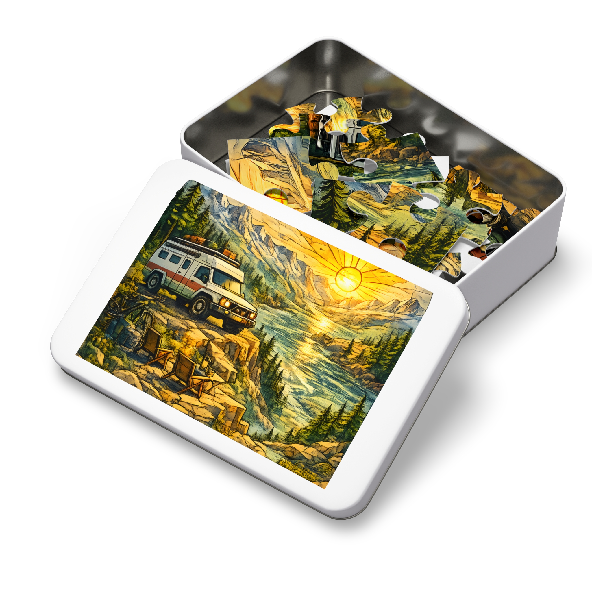 Jigsaw Puzzle with Tin — Camping Van Sunset (Design Cubic-Line)