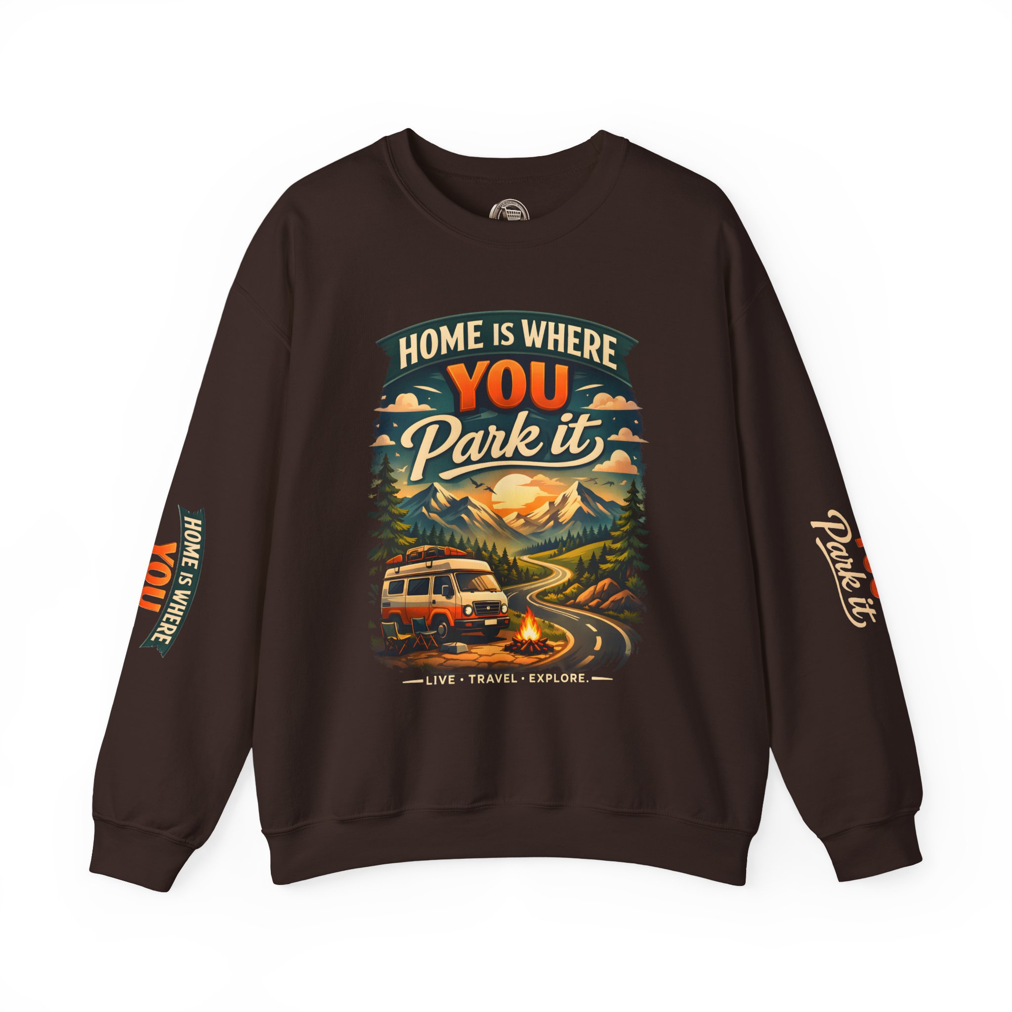 Unisex Heavy Blend™ Crewneck Sweatshirt — "Home Is Where You Park It" Design Scenic-Line