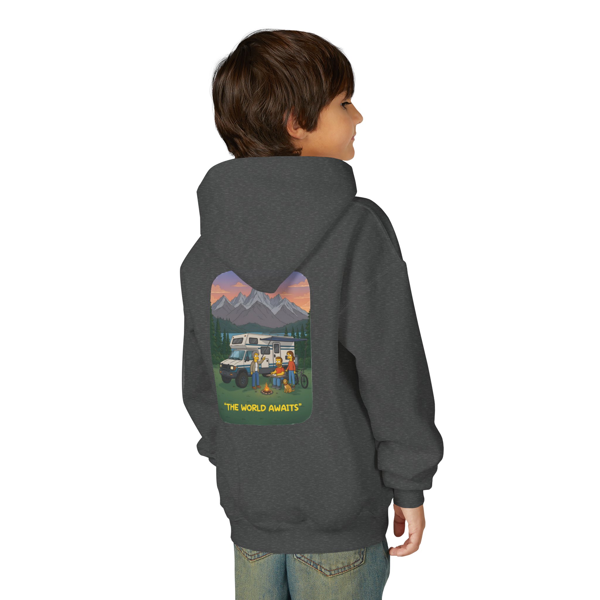 Youth Hoodie(Gildan) – "The World Awaits" (Design Sitcom-Line)