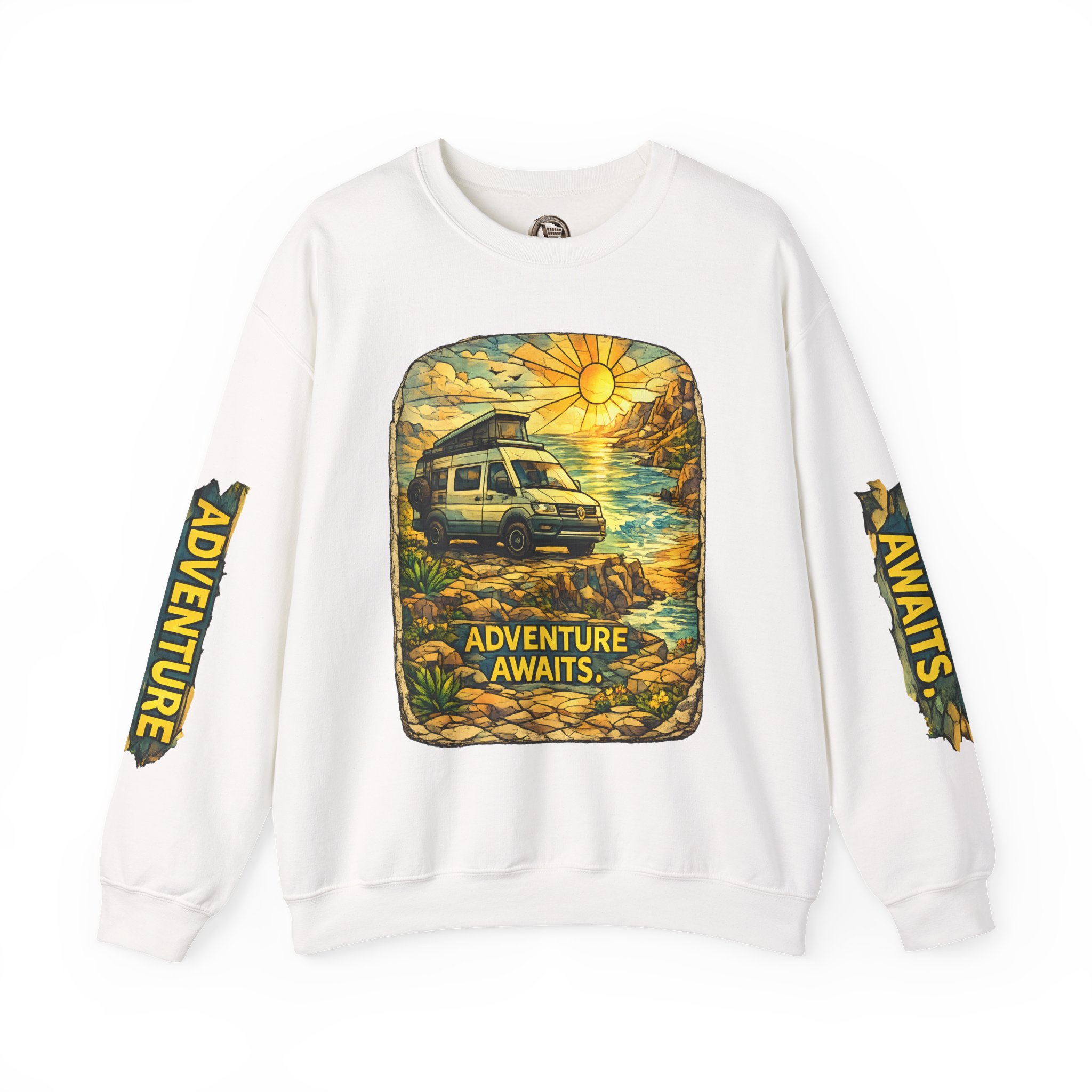 Unisex Heavy Blend™ Crewneck Sweatshirt — "Adventure Awaits" Design Cubic-Line