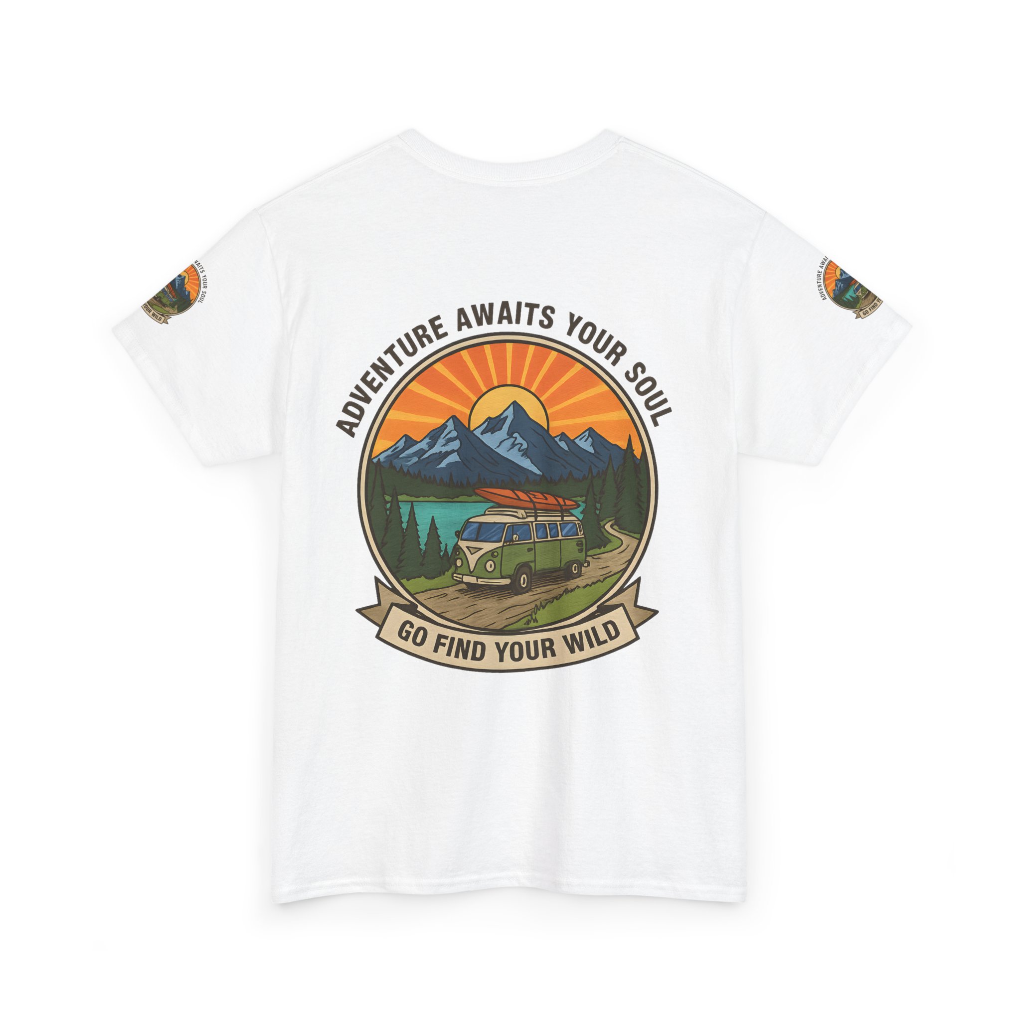 Unisex Heavy Cotton Tee — “Adventure Awaits Your Soul: Go Find Your Wild” Van & Mountain Graphic