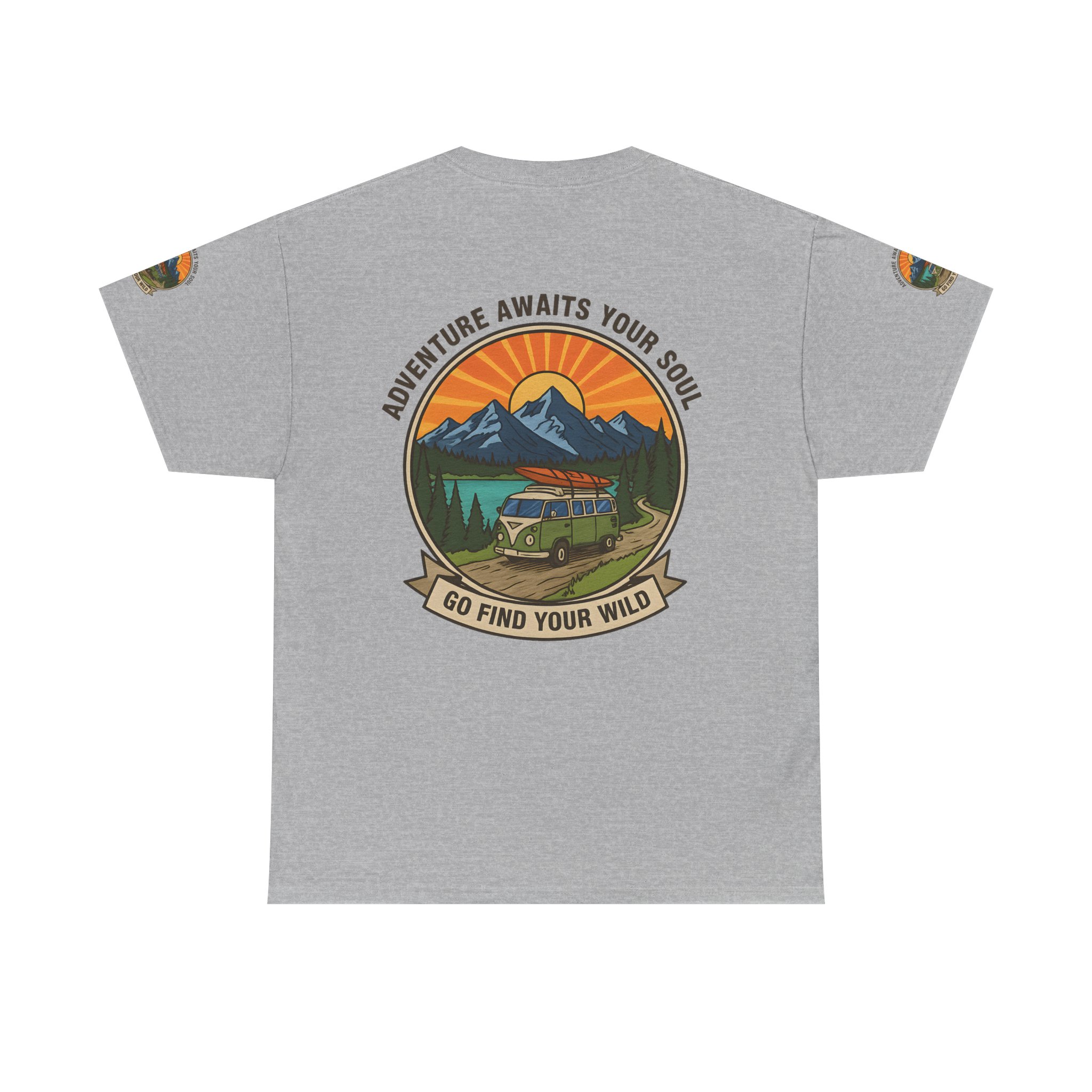 Unisex Heavy Cotton Tee — “Adventure Awaits Your Soul: Go Find Your Wild” Van & Mountain Graphic