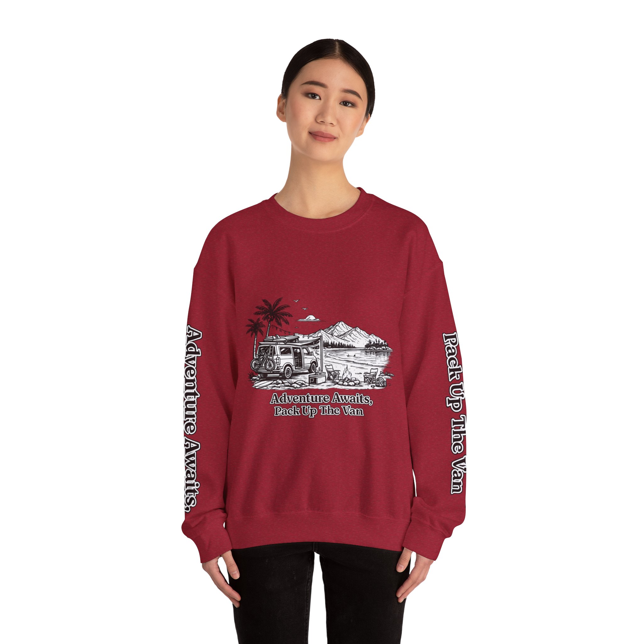 Unisex Heavy Blend™ Crewneck Sweatshirt — "Adventure Awaits,Pack Up The Van" Design Minimal-Line