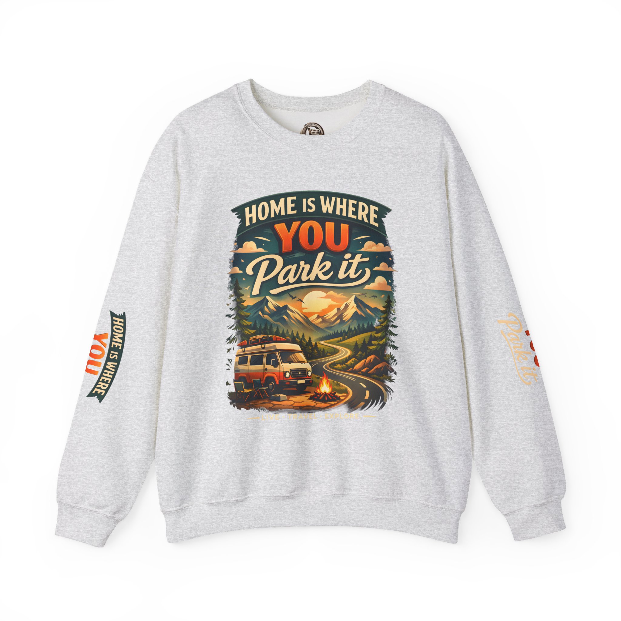 Unisex Heavy Blend™ Crewneck Sweatshirt — "Home Is Where You Park It" Design Scenic-Line