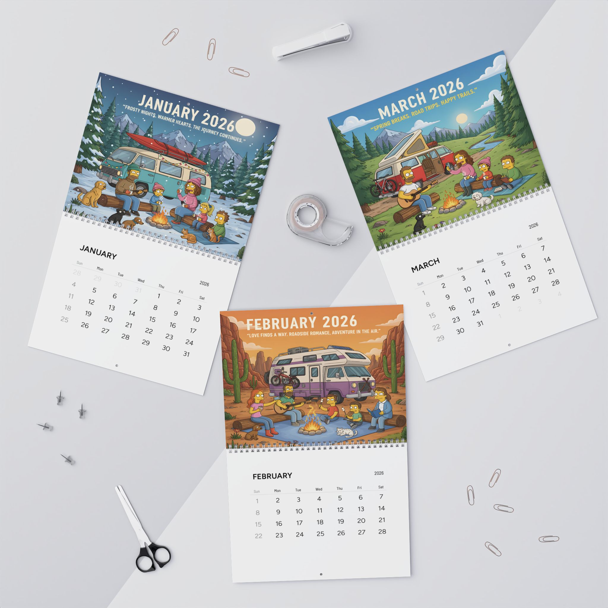 2026 Simpsonstyle Camper Wall Calendar – Adventure Camping Scenes, Monthly Planner