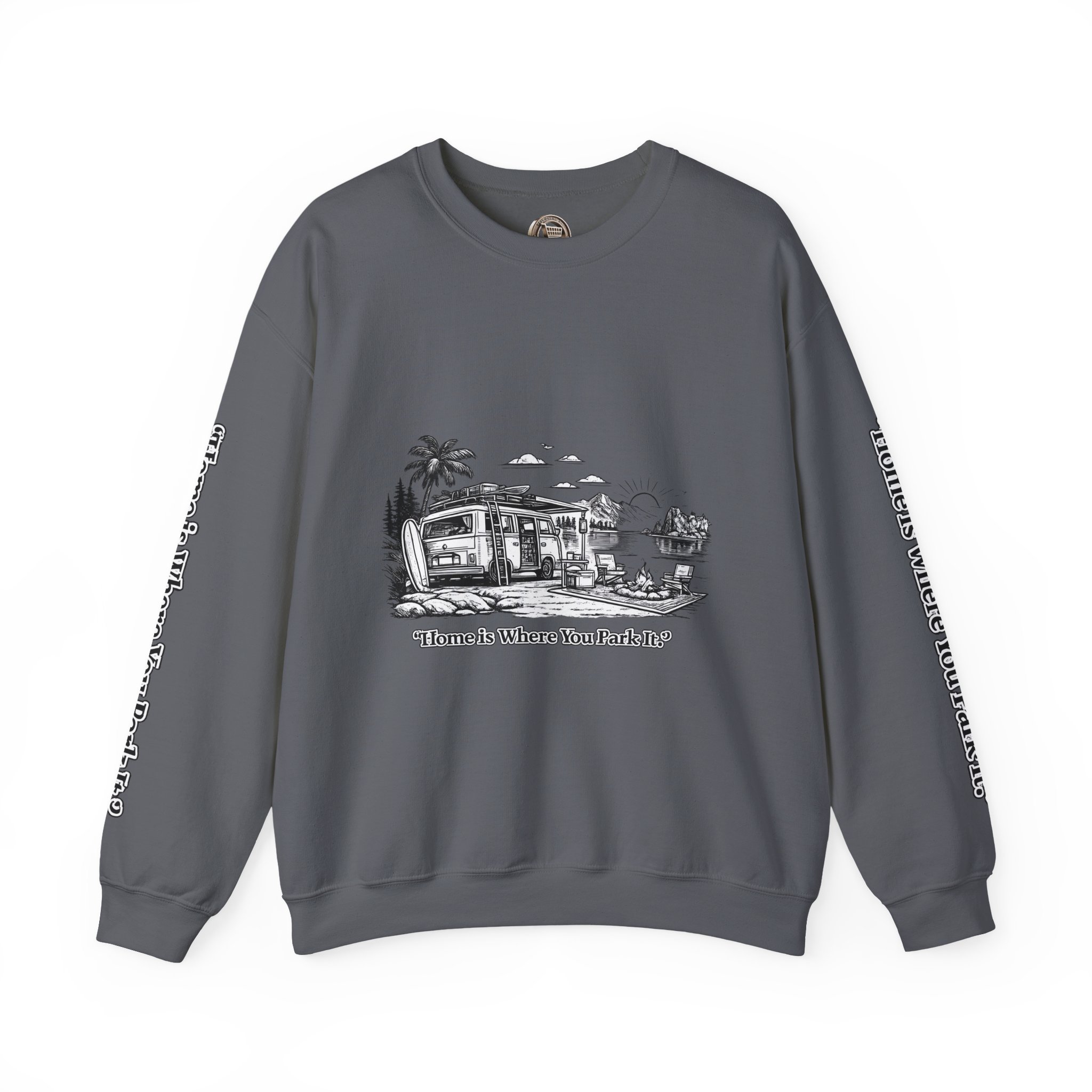 Unisex Heavy Blend™ Crewneck Sweatshirt — "Home Is Where You Park It" Design Minimal-Line