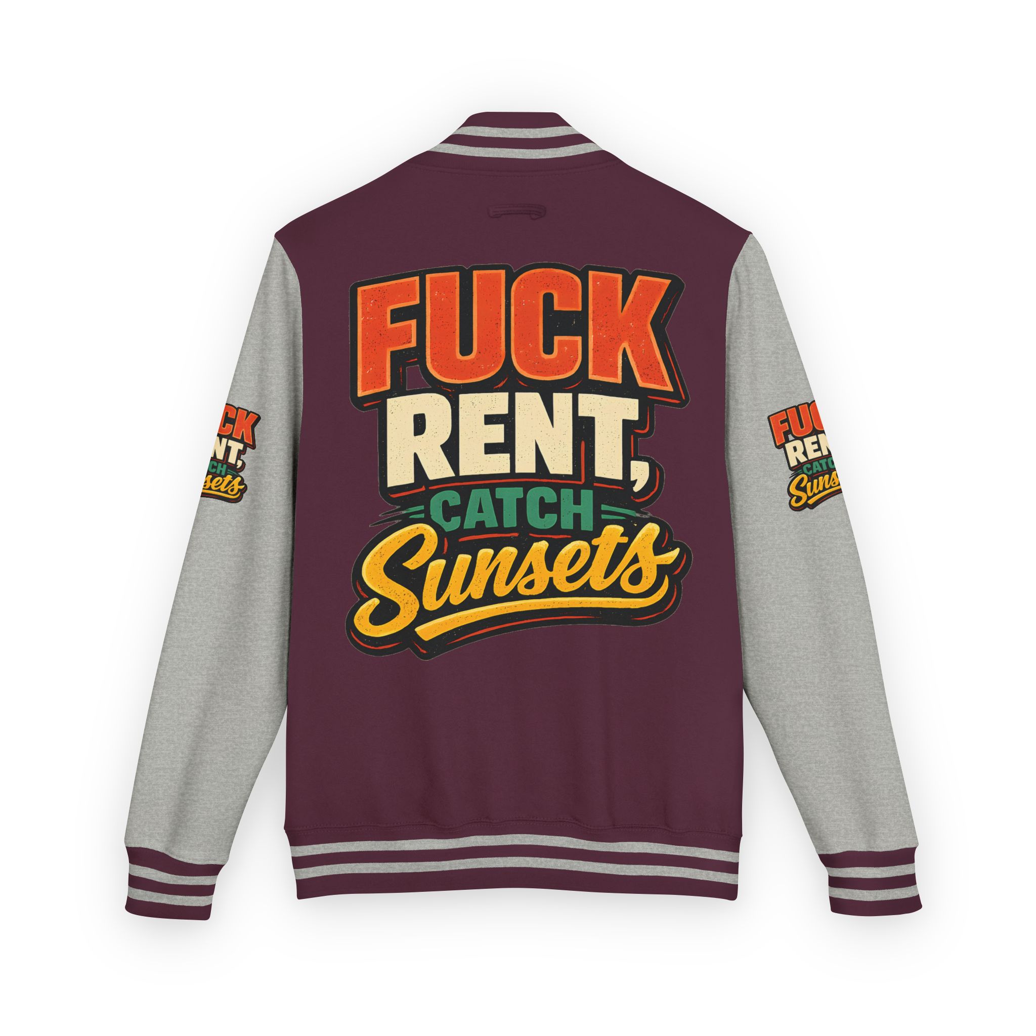 1917598488108615150_2048-2.jpeg Unisex Heavyweight Letterman Jacket — "Fuck Rent Catch Sunsets" Design F**K-Line
