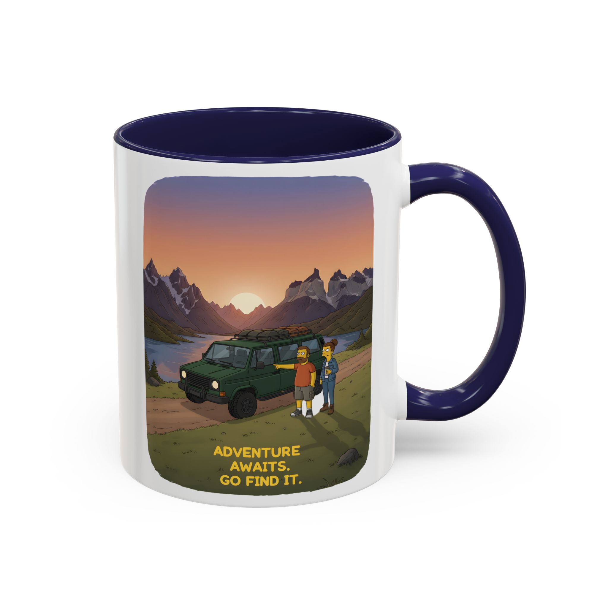Accent Coffee Mug (11, 15oz) — "Adventure Awaits-Go Find It" Design Sitcom-Line