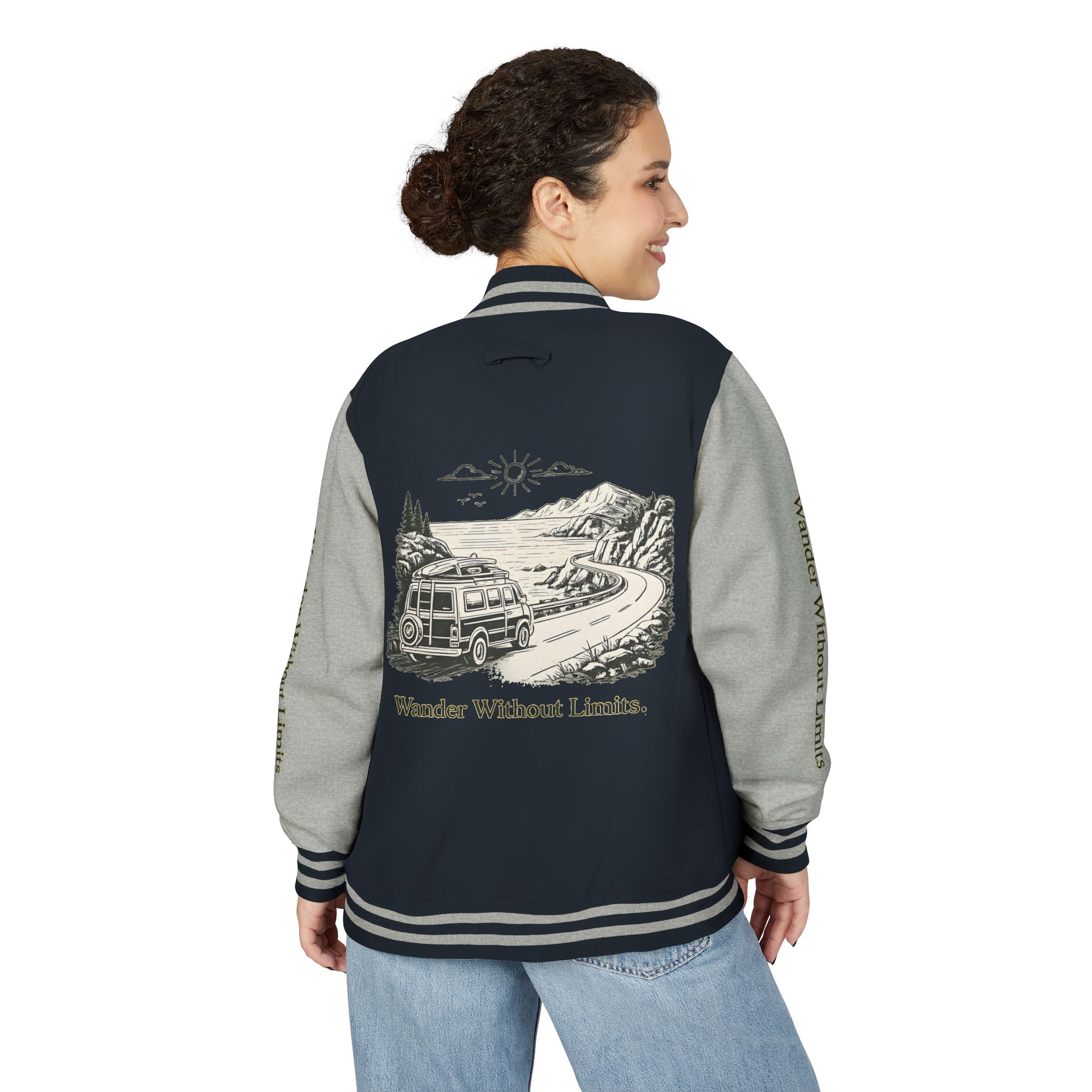 Unisex Heavyweight Letterman Jacket — "Wander Without Limits" Travel Varsity Coat