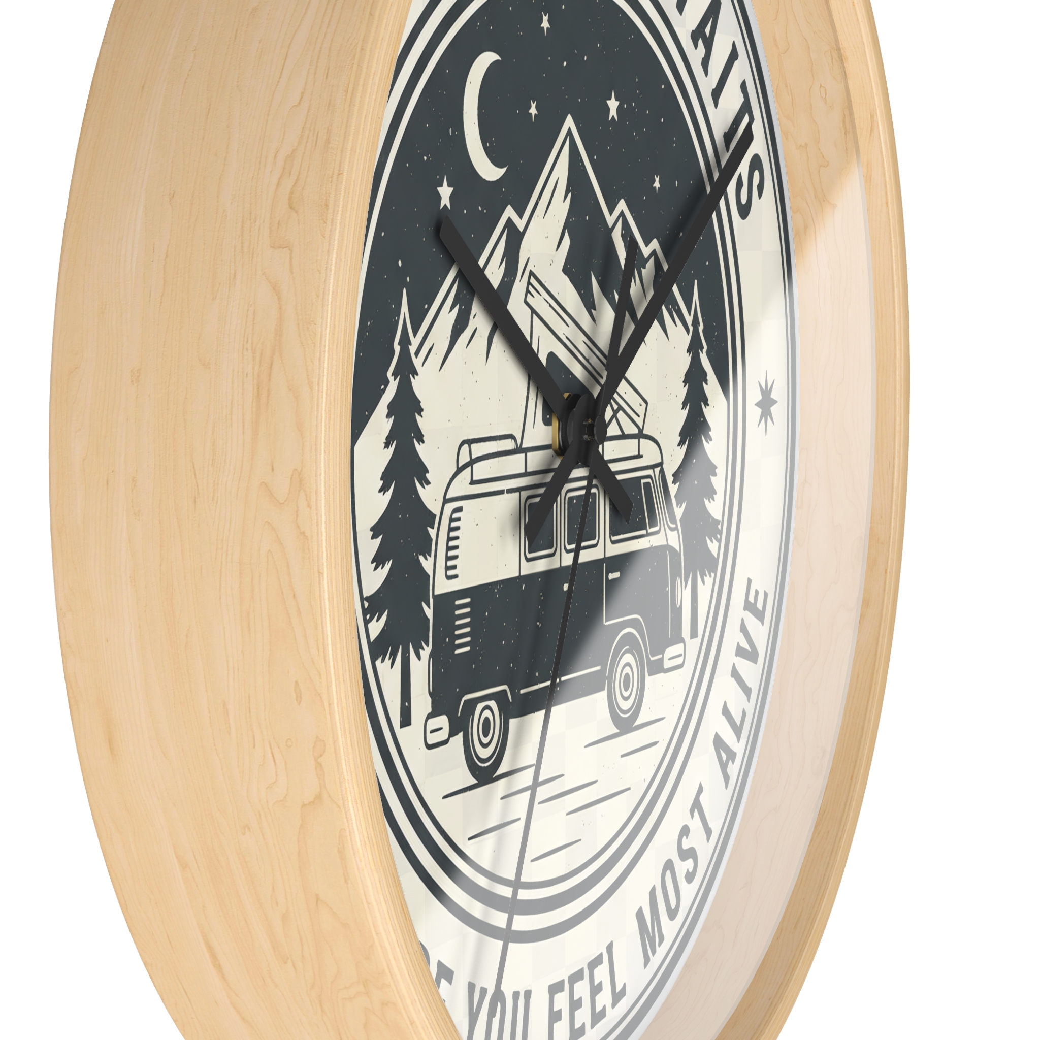 Wall Clock — "Adventure Awaits-Go Where You Feel Most Alive" Camper Van Mountain Travel Timepiece