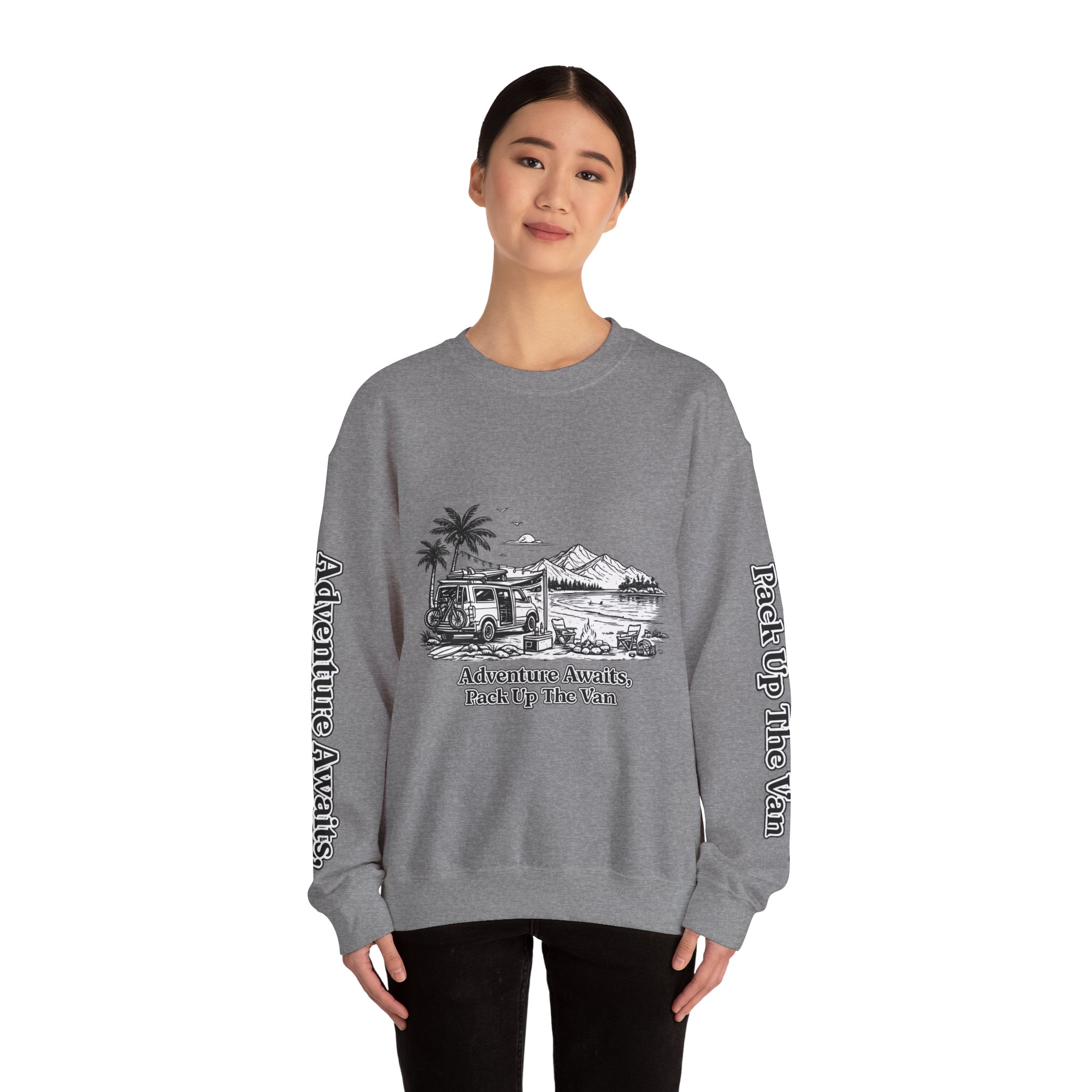 Unisex Heavy Blend™ Crewneck Sweatshirt — "Adventure Awaits,Pack Up The Van" Design Minimal-Line