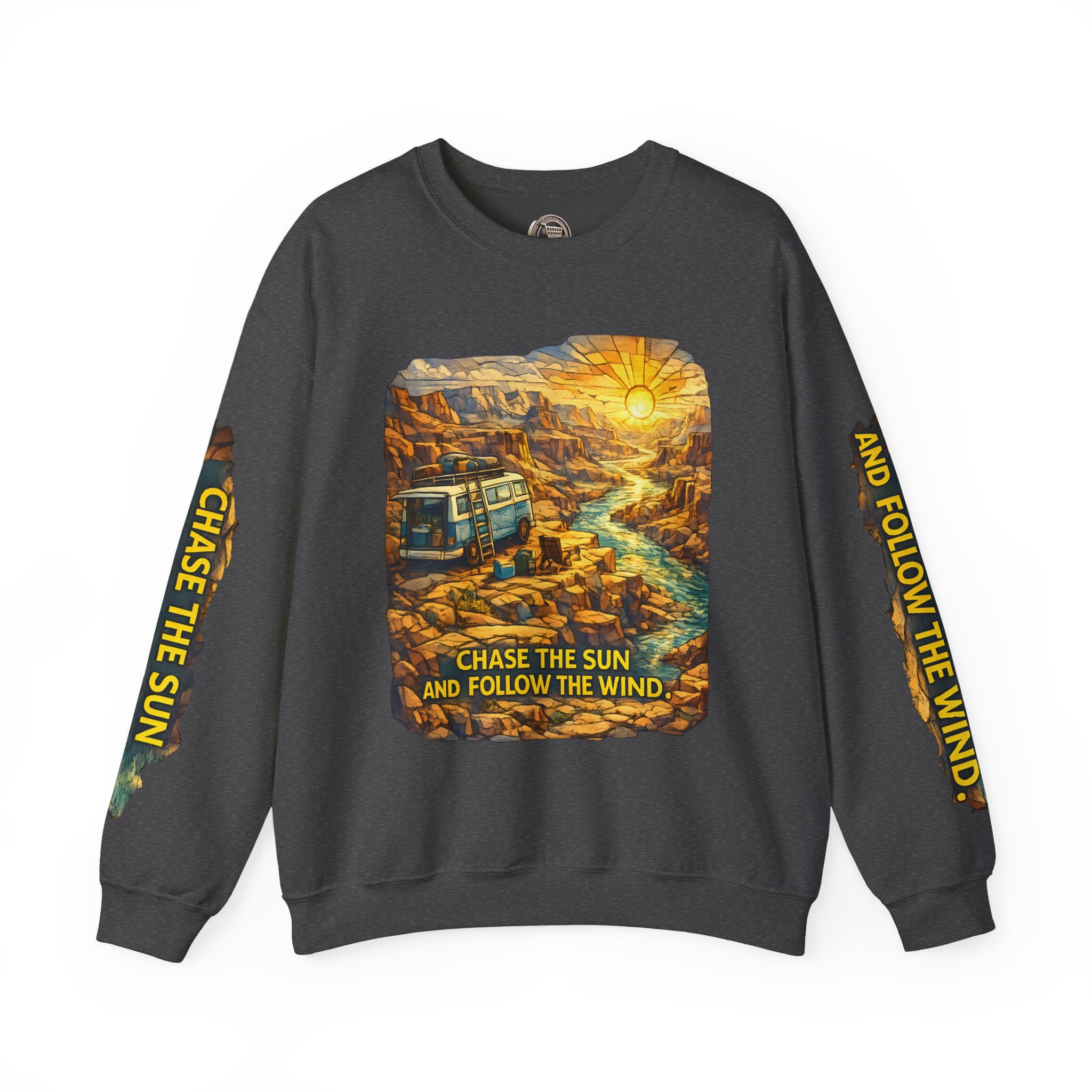 1958203197123114939_2048.jpeg Unisex Heavy Blend™ Crewneck Sweatshirt — "Chase The Sun And Follow The Wind" Design Cubic-Line