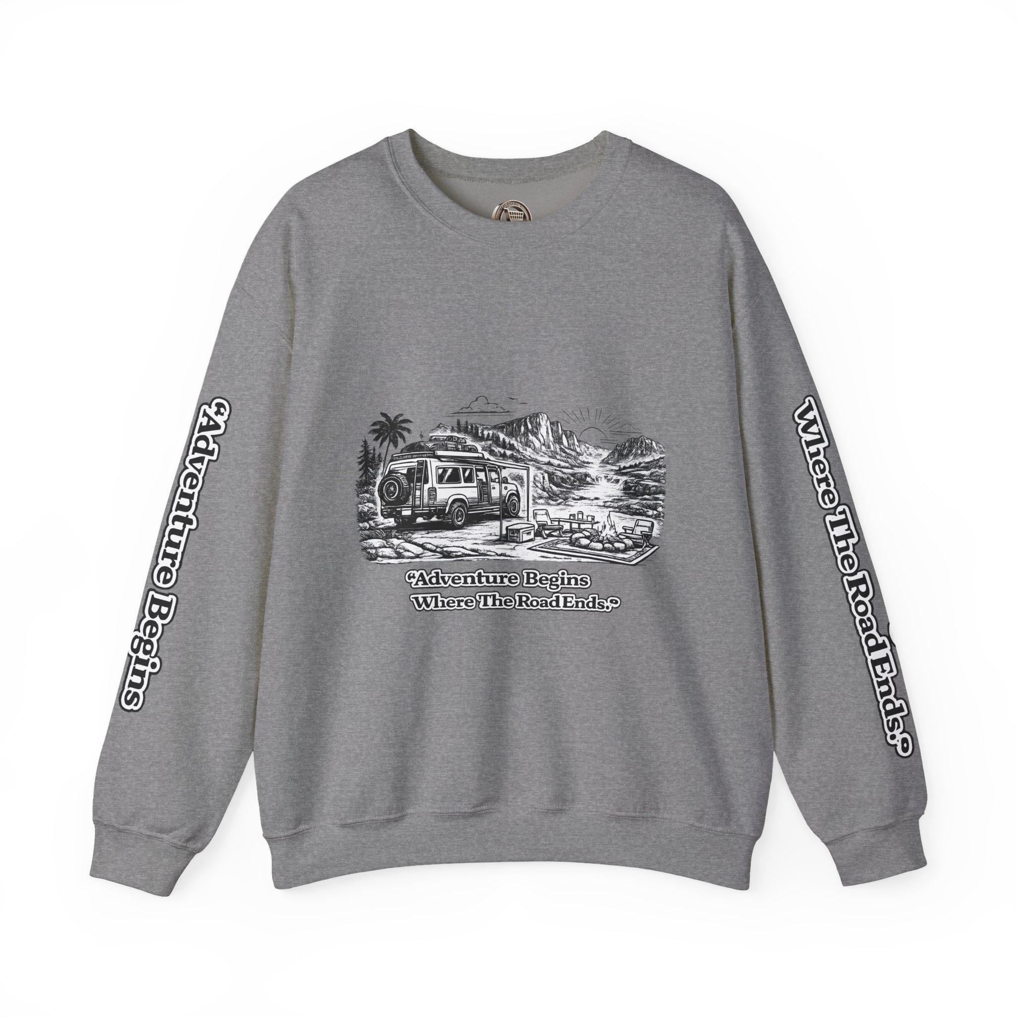 1960045927839461289_2048.jpeg Unisex Heavy Blend™ Crewneck Sweatshirt — "Adventure Begins Where The Road Ends" Design Minimal-Line