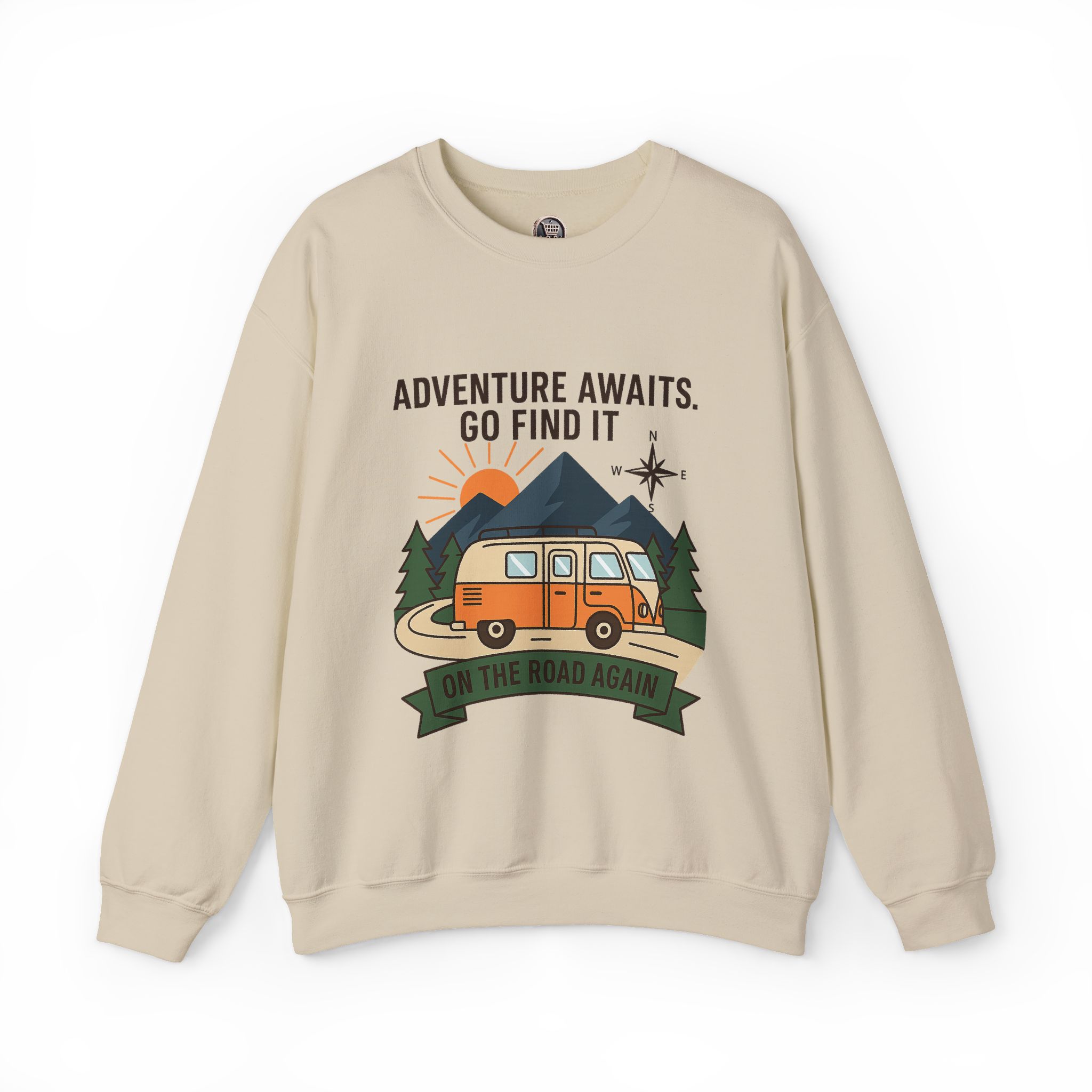 1966789302579543720_2048.jpeg Crewneck Sweatshirt - "Adventure Awaits On The Road Again" Vintage Camper Van