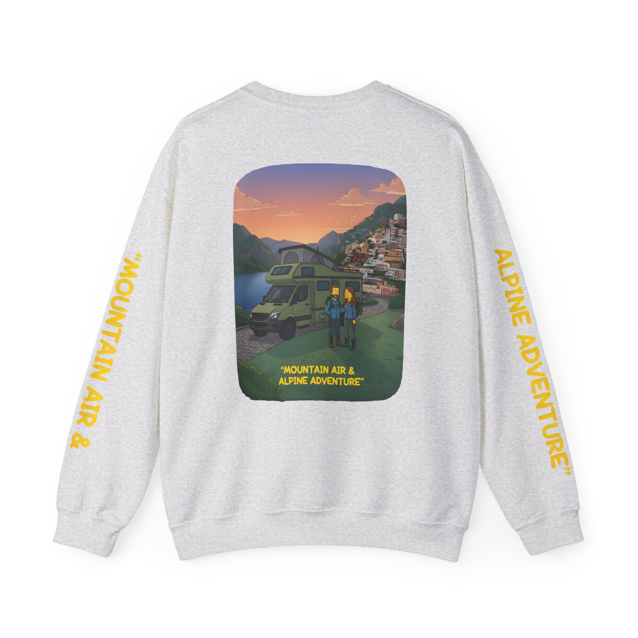 Unisex Heavy Blend™ Crewneck Sweatshirt — "Mountain Air And Alpine Adventure"" Design Sitcom-Line