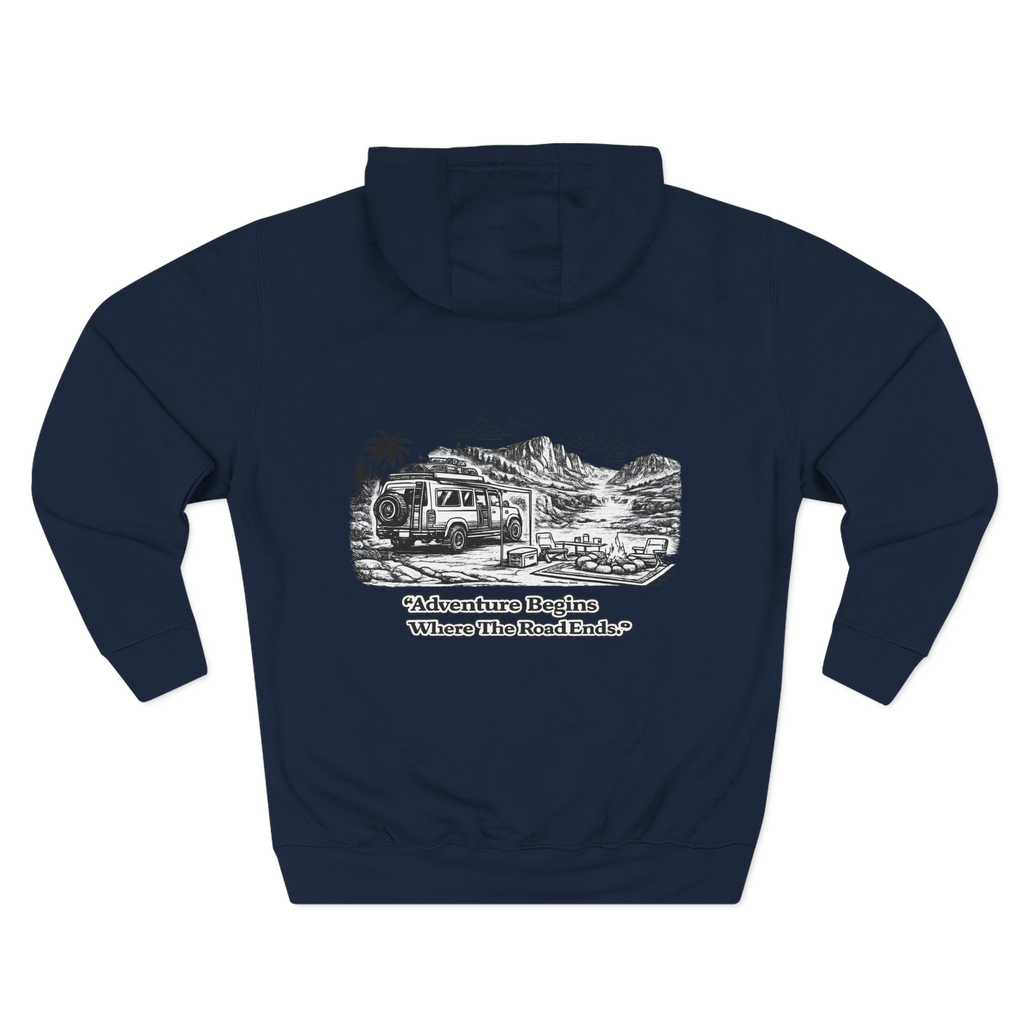 Three-Panel Fleece Hoodie - "Adventure Begins Where The Road Ends" Design Minimal-Line