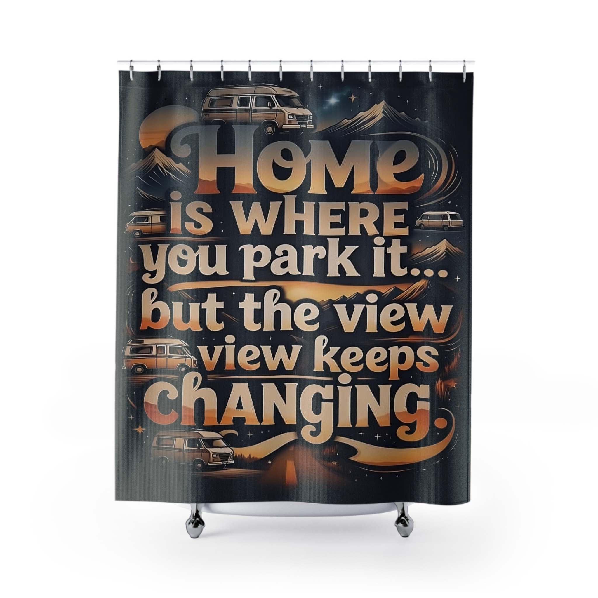 "NEW"Vintage Cabin Seal Shower Curtain – "Home Is Where You Park It -But The View keep Changing" Rustic Mountain Lodge Bathroom Decor