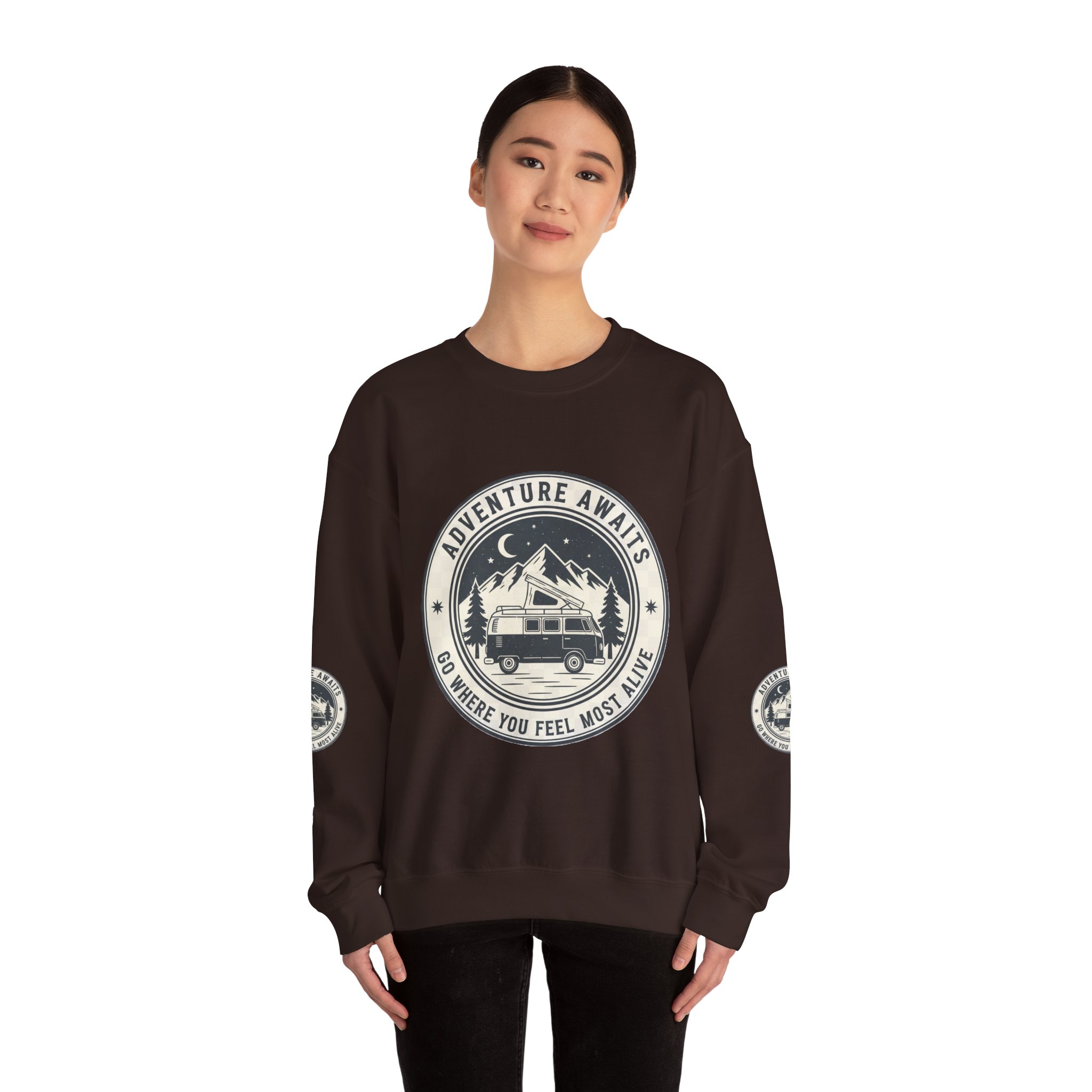 198706437128314835_2048.jpeg Crewneck Sweatshirt — "Adventure Awaits-Go Where You Feel Most Alive" (Font + Back + Sleaves printed) Vintage Camper Van Outdoor Graphic