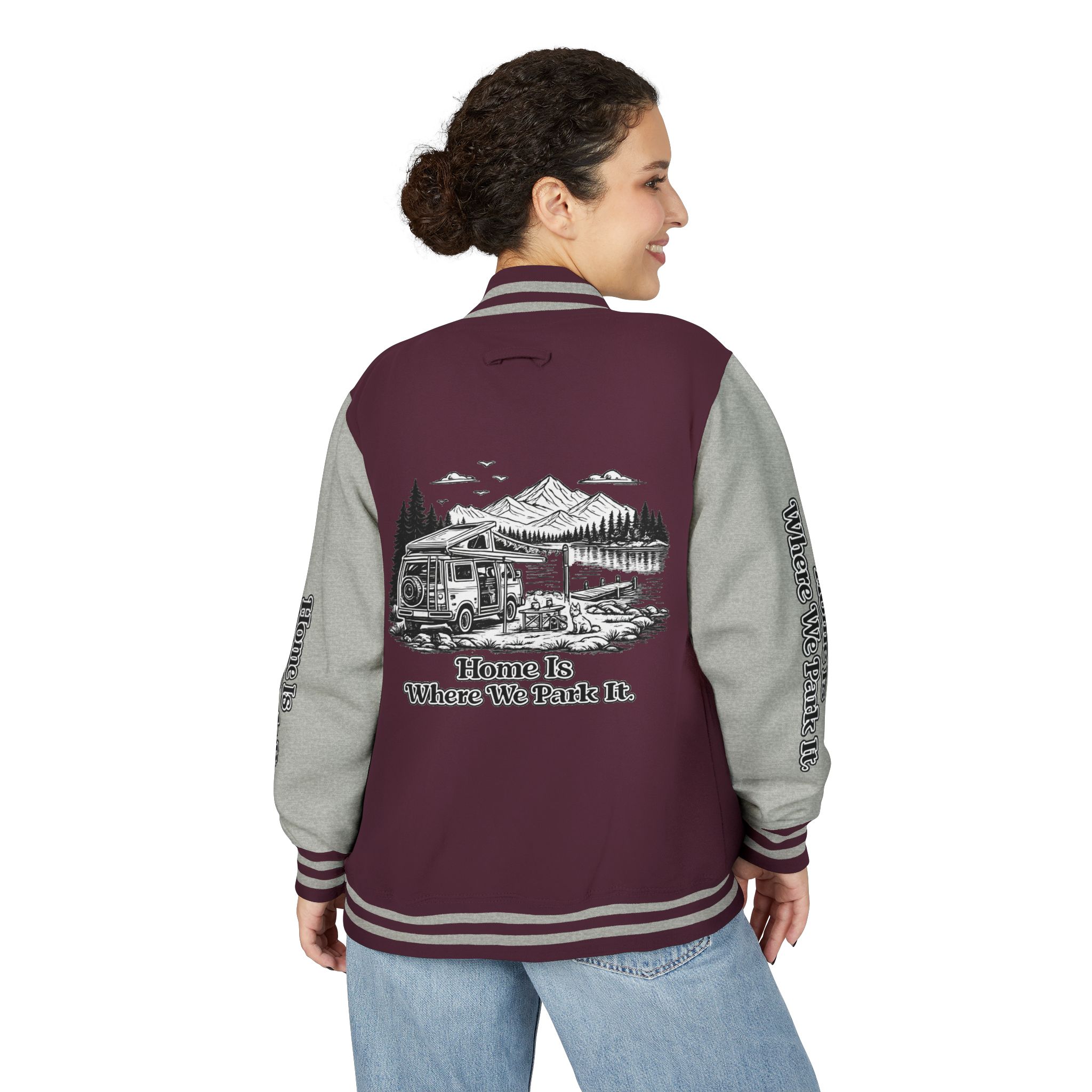 Unisex Heavyweight Letterman Jacket — "Home Is Where You Park It" Travel Varsity Coat