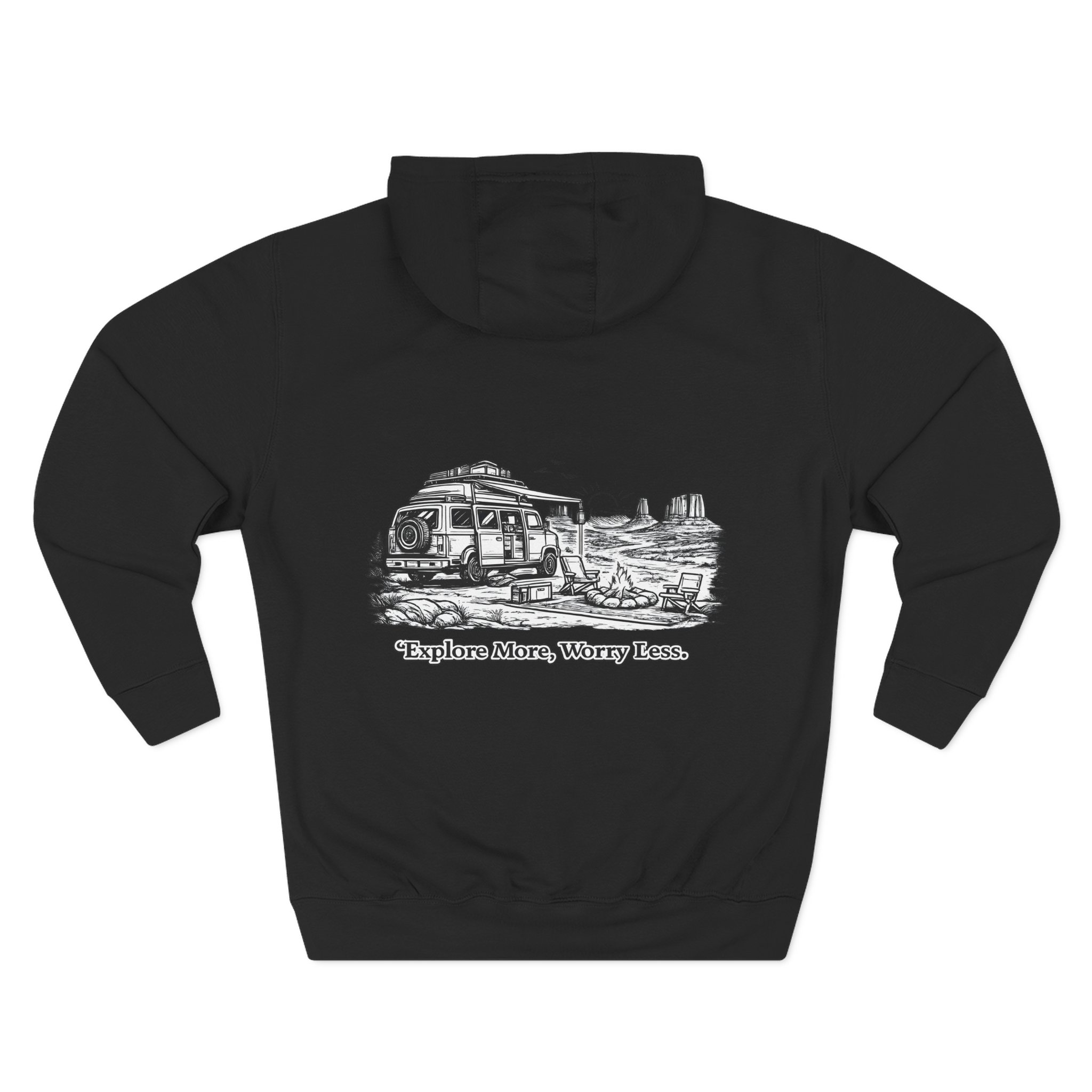 Three-Panel Fleece Hoodie - "Explore More Worry Less" Design Minimal-Line