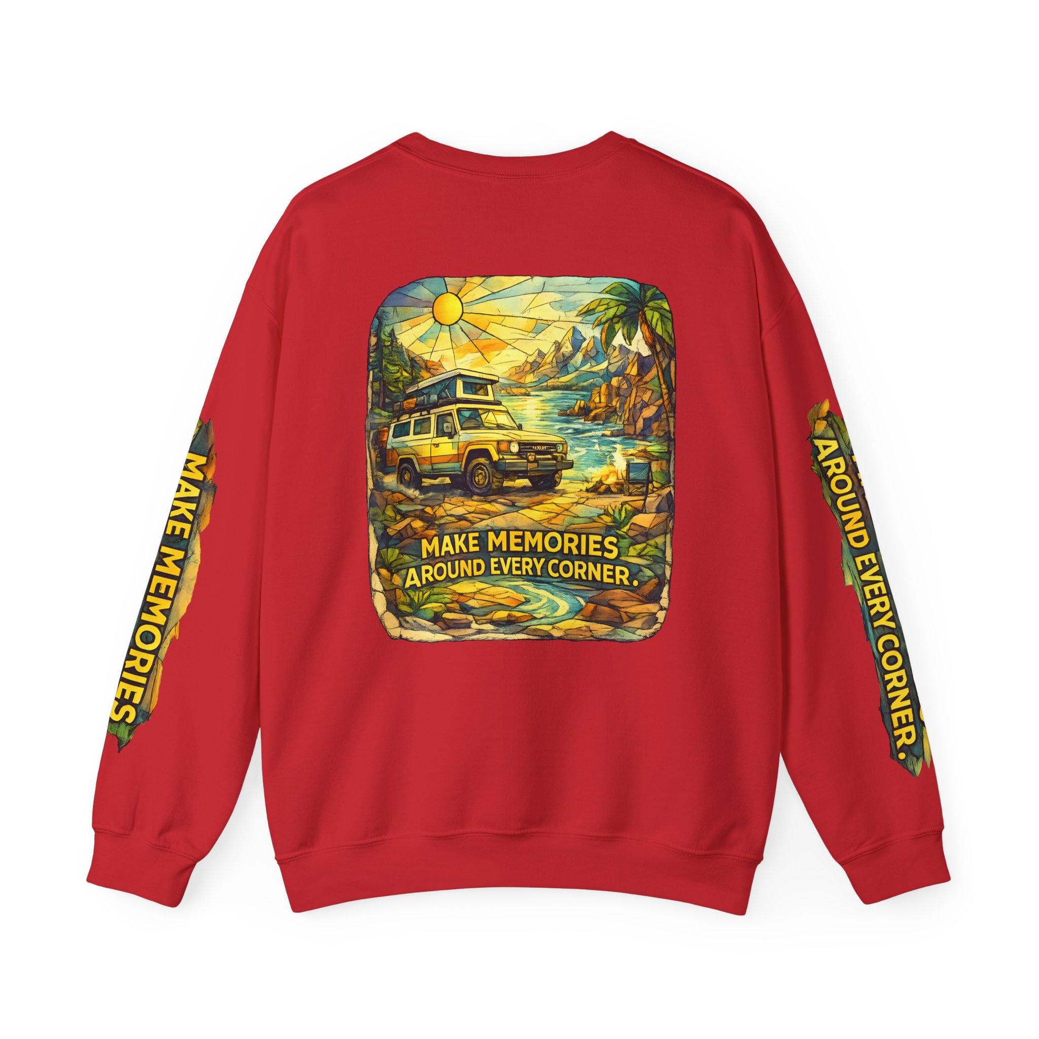 Unisex Heavy Blend™ Crewneck Sweatshirt — "Make Memories Around Every Corner" Design Cubic-Line